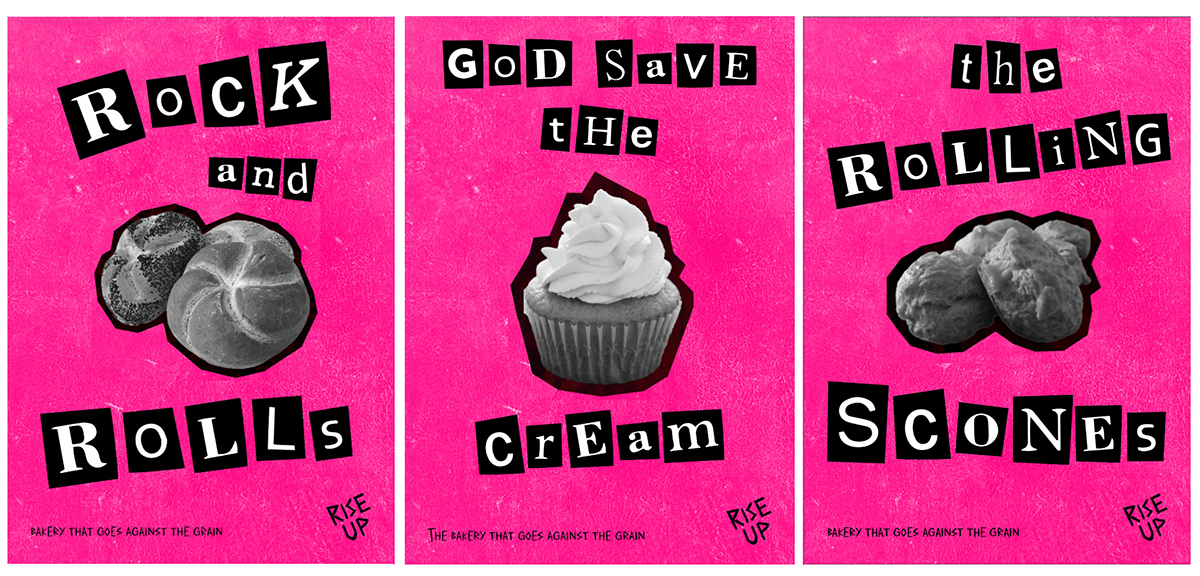 Three bright pink posters containing black and white baked goods and punk play on words in collaged text.