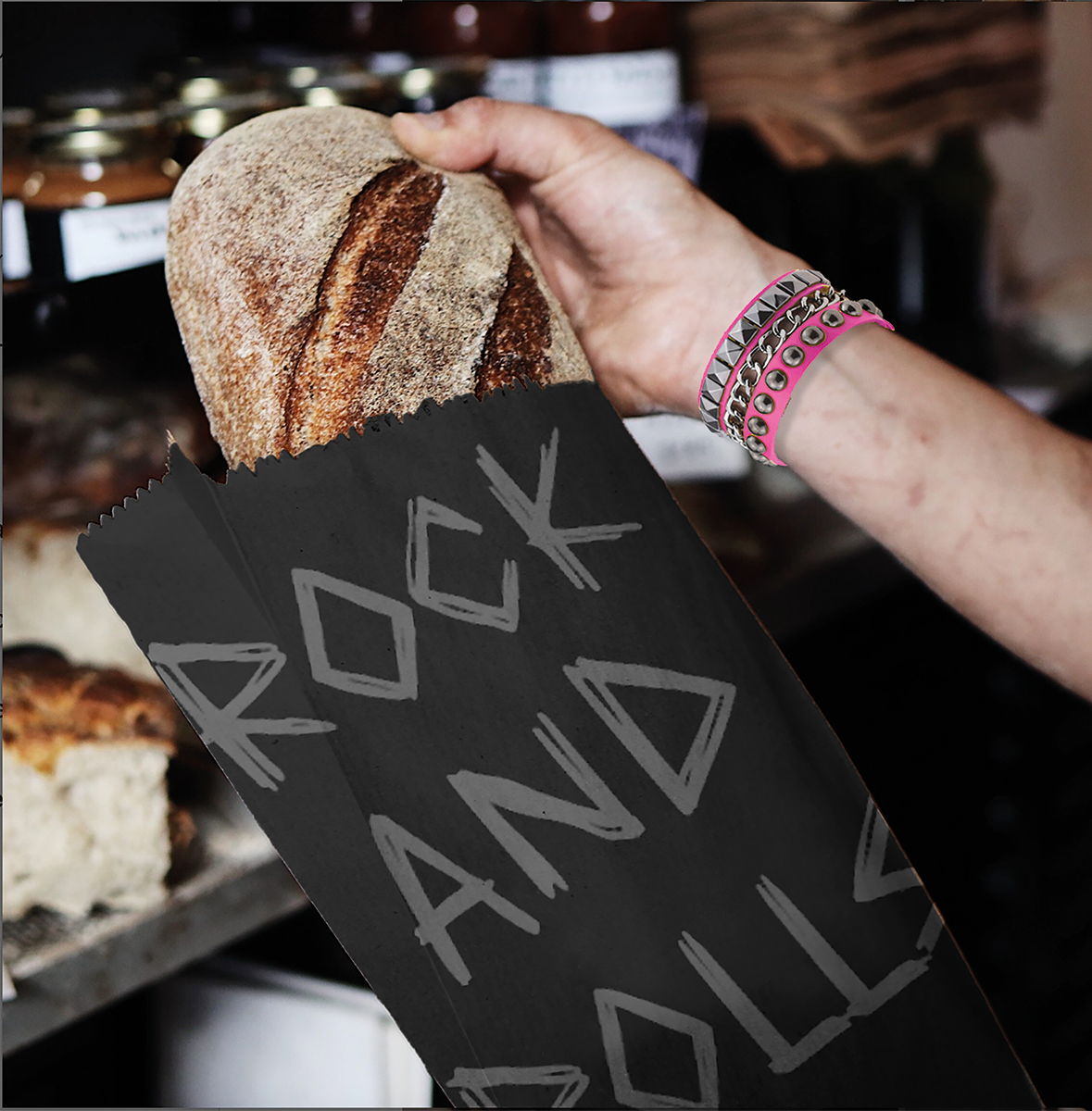 image of bread in a black bag that says rock and rolls.
