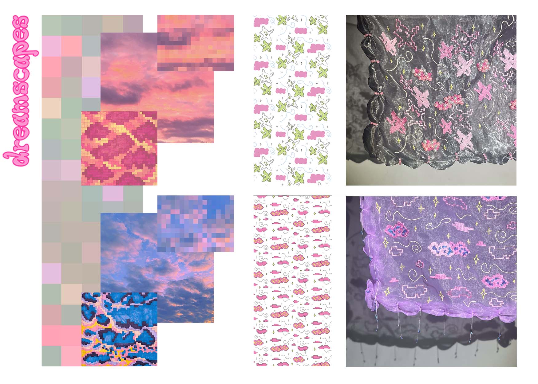 Board showing development of sunset imagery into digital drawings for embroidery by Tash Conquest