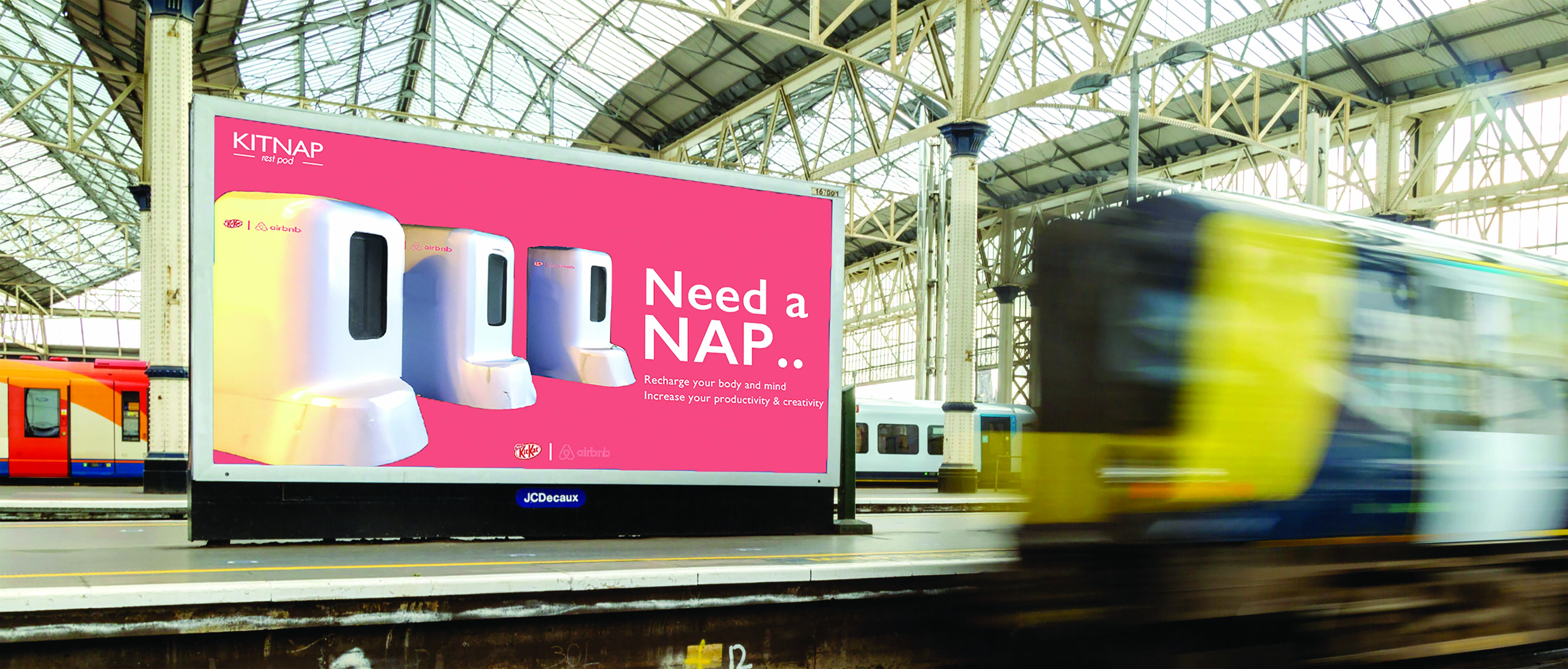 Mock up billboard with images of three 'rest pods' on a red background and the text 'need a NAP' in white ro the right.