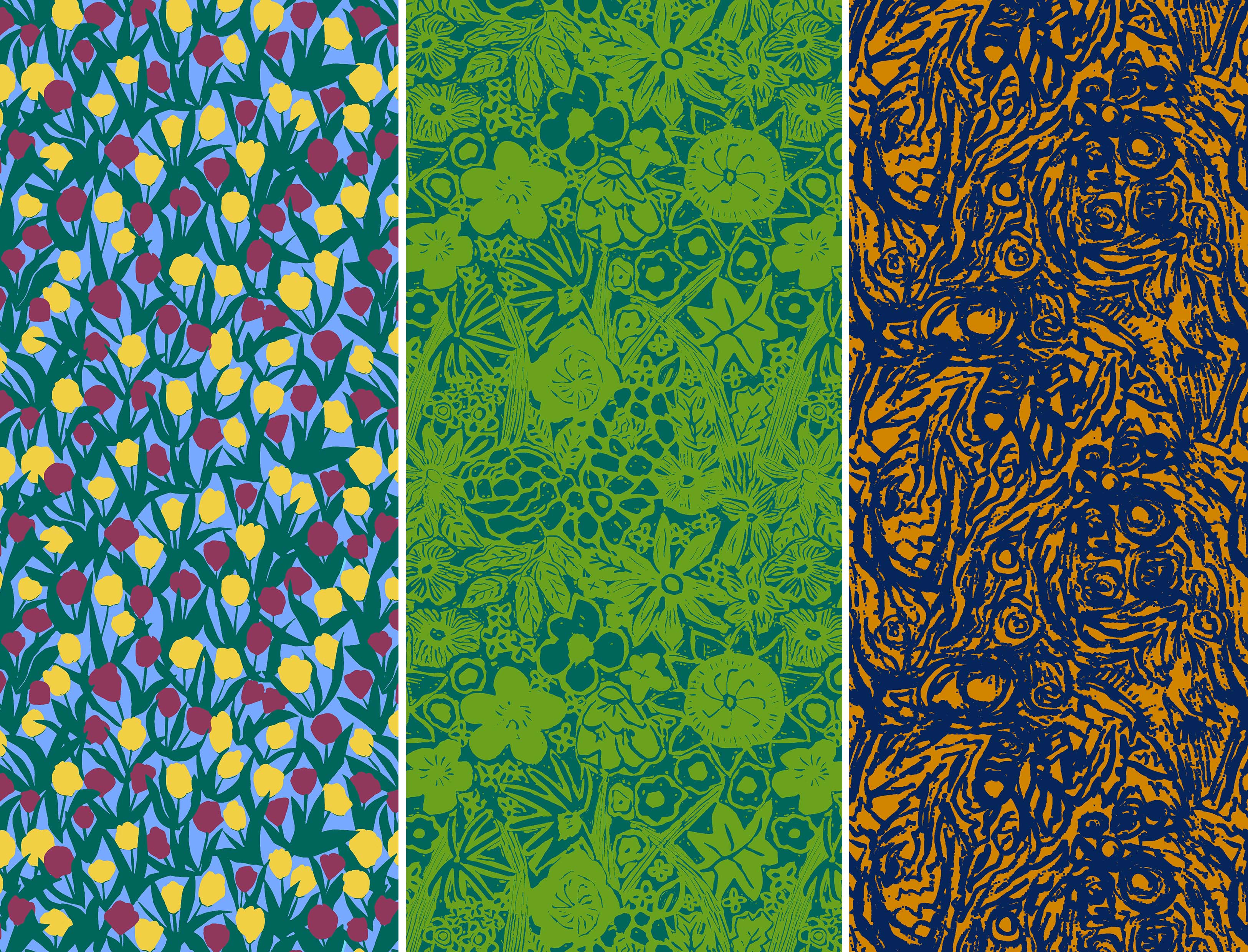 A collection of 3 detailed digital designs by Nieve Merchant inspired by tulips, florals and mahogany.