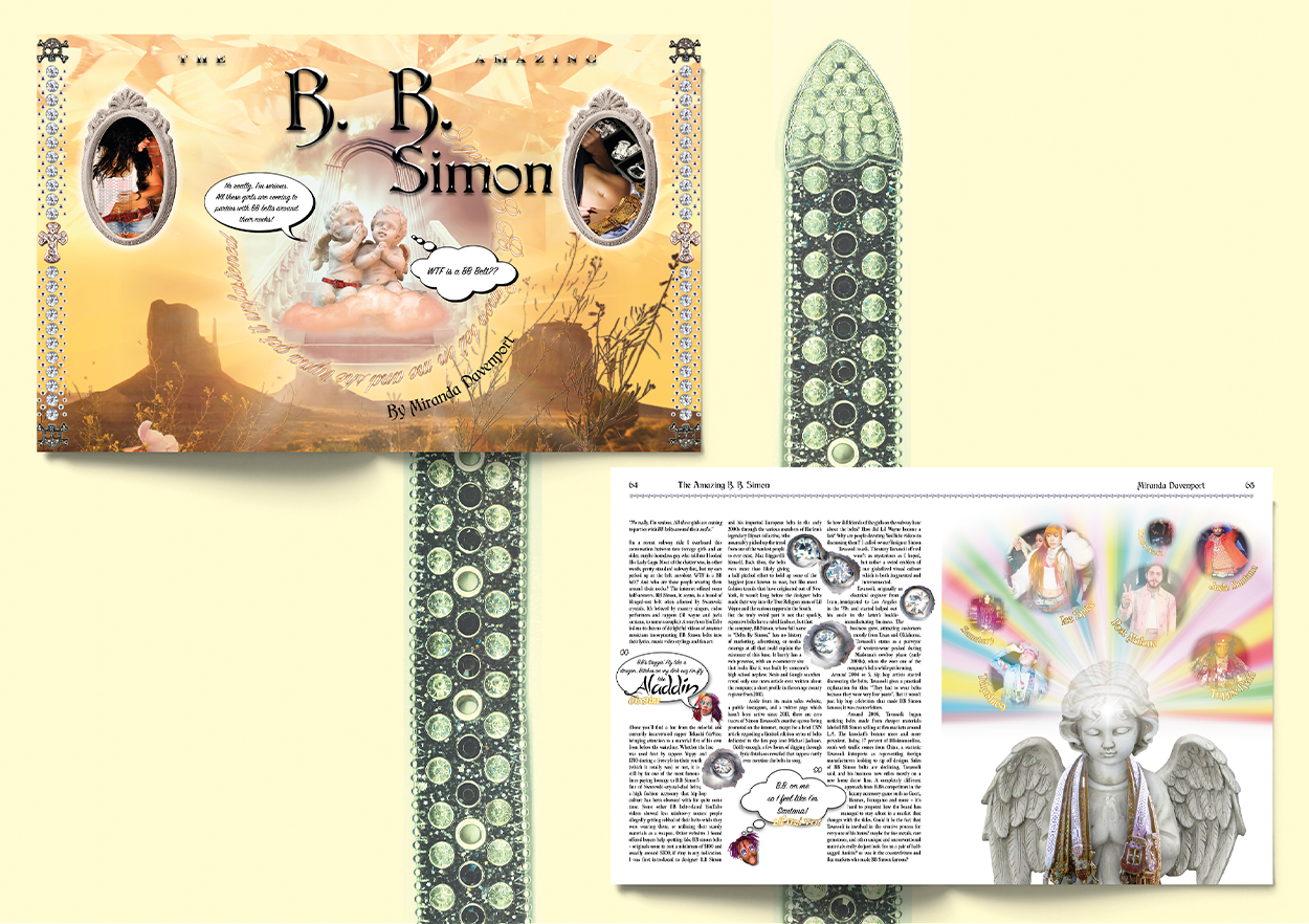 x2 editorial page spreads based on an article surrounding the subject of B.B. Simon crystal Swarovski belts. Created for the SPD-U Student Competition.