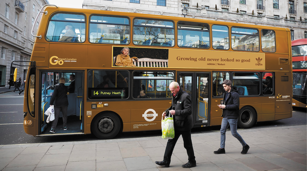 A golden bus to promote the collaboration between Adidas Originals and Werthers Originals.