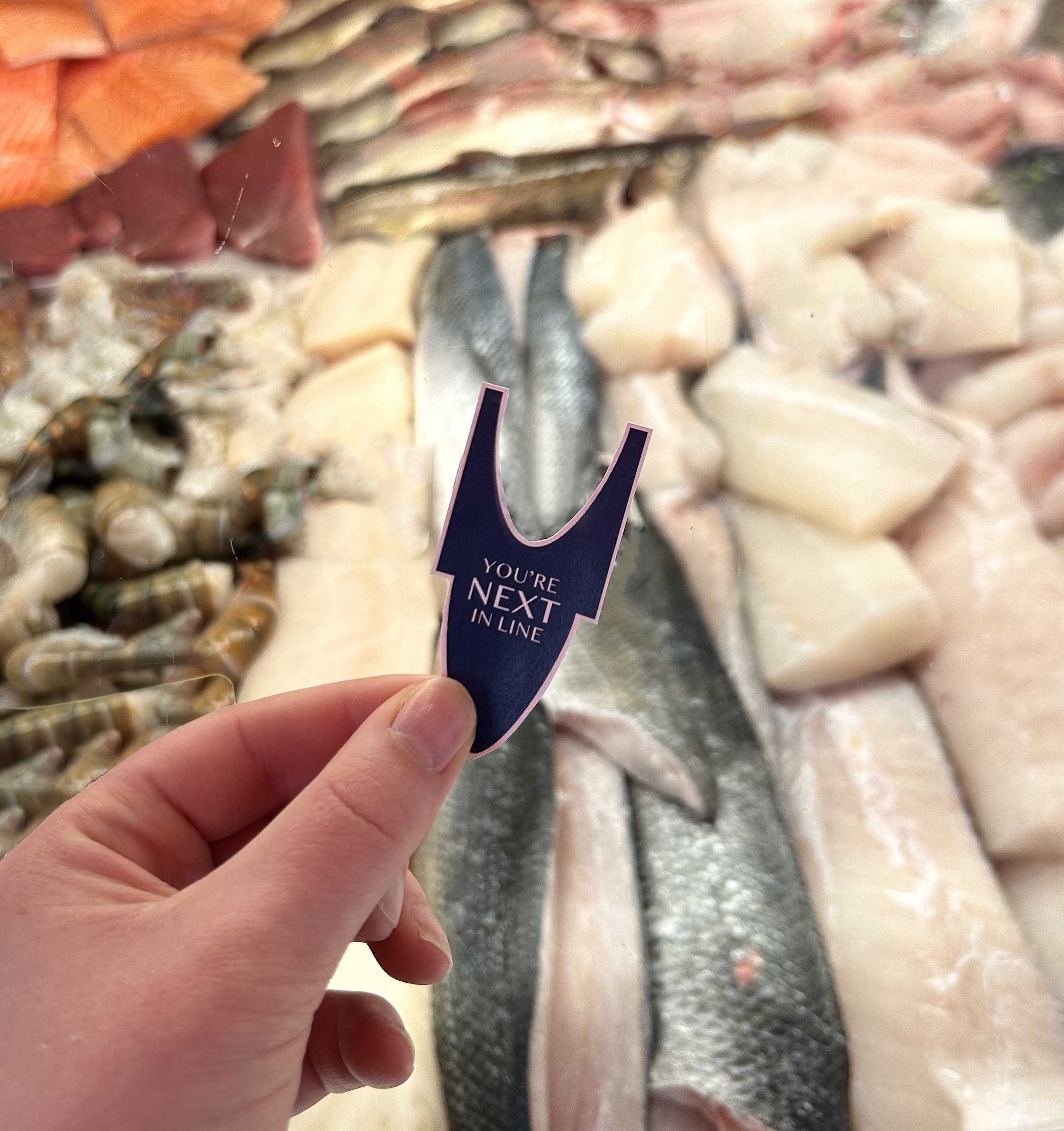 A blue queuing ticket that says 'next in line', surrounded by fish in a fishmongers.