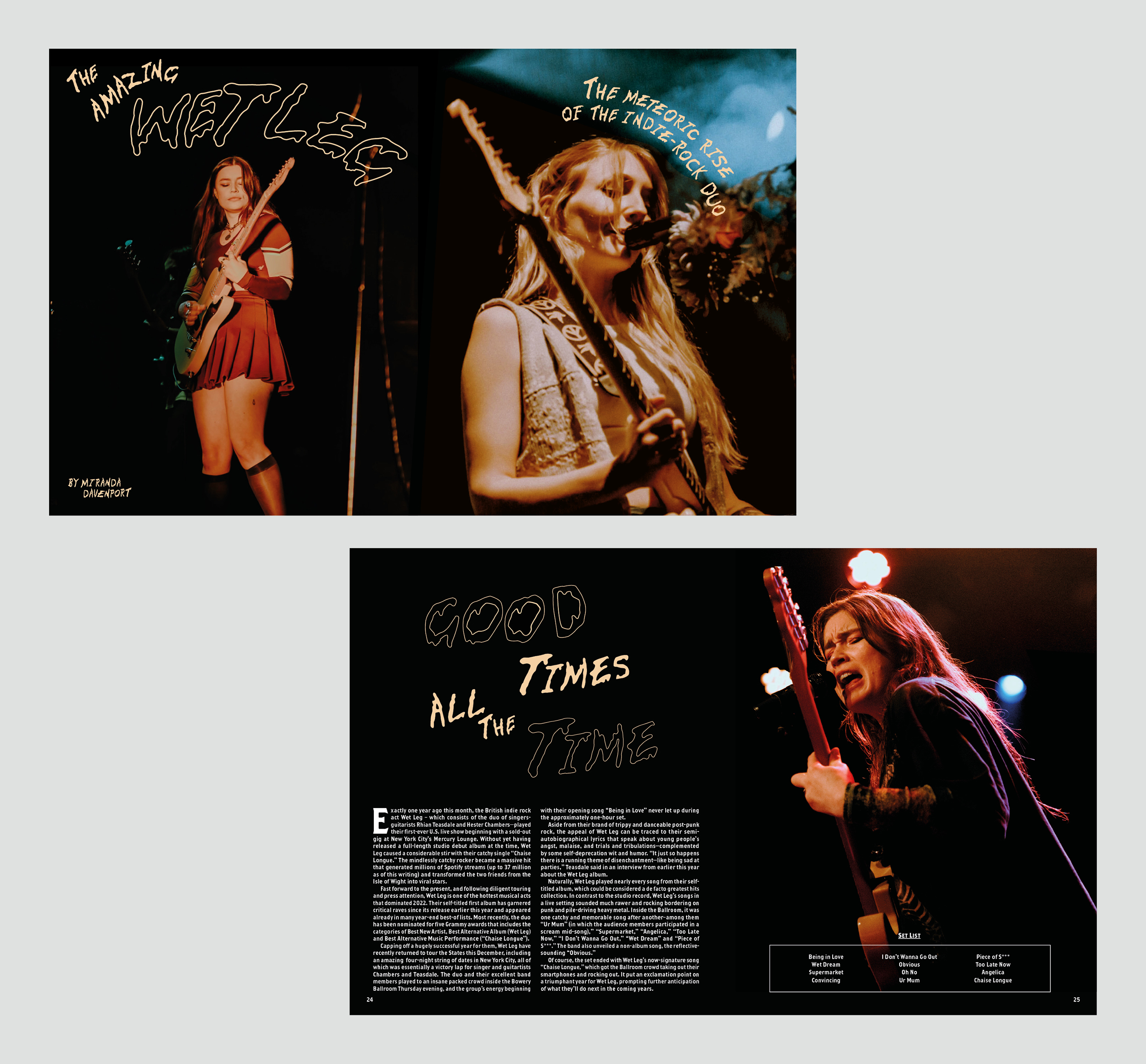 Two spreads featuring band images and hand drawn type