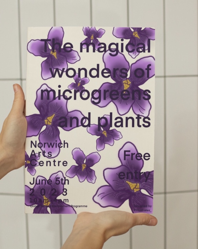 Illustration work by Paris Pemberton showing an advertising poster. Purple orchid like flowers on a white background with dark text in the foreground.