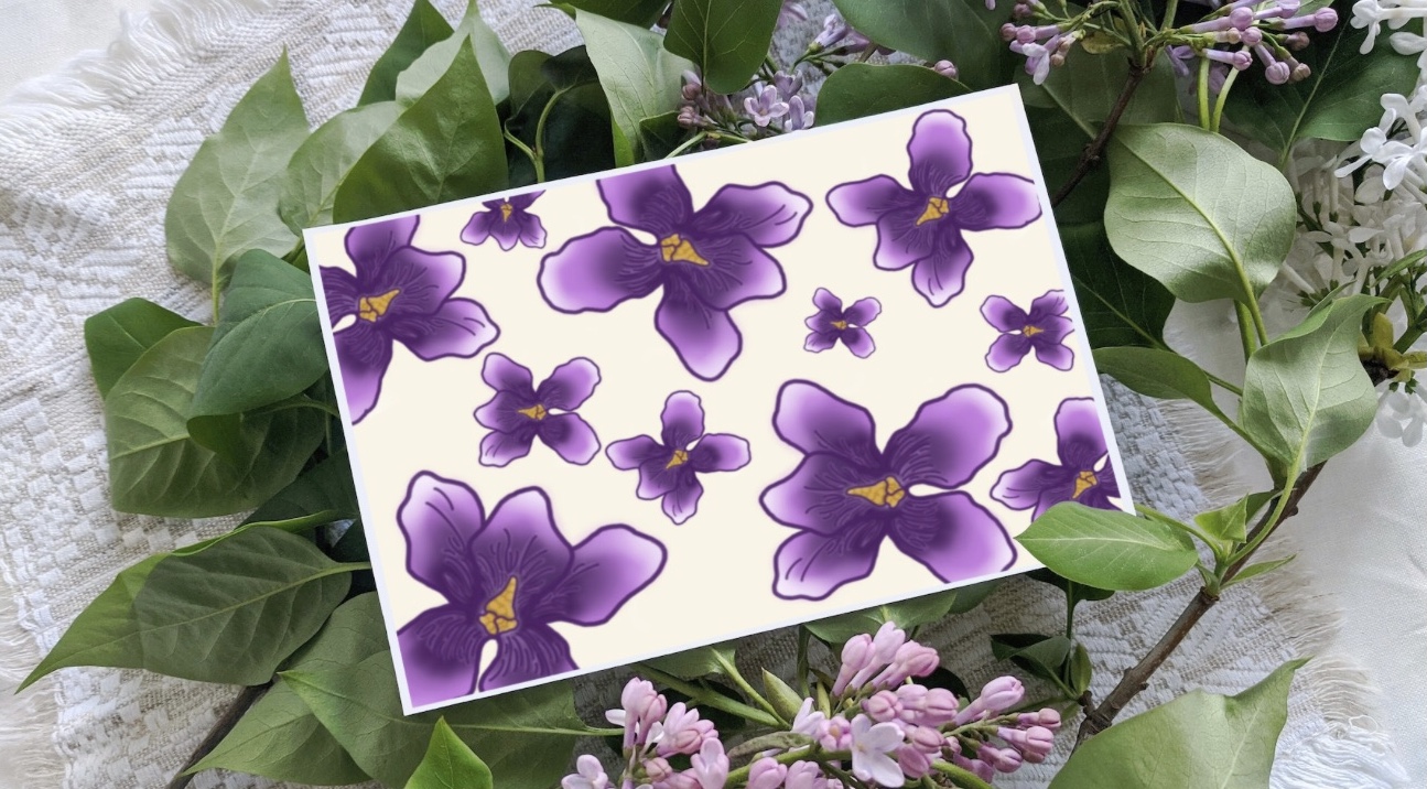 Illustration work by Paris Pemberton showing an illustrated print. Purple orchid like flowers on a white background.