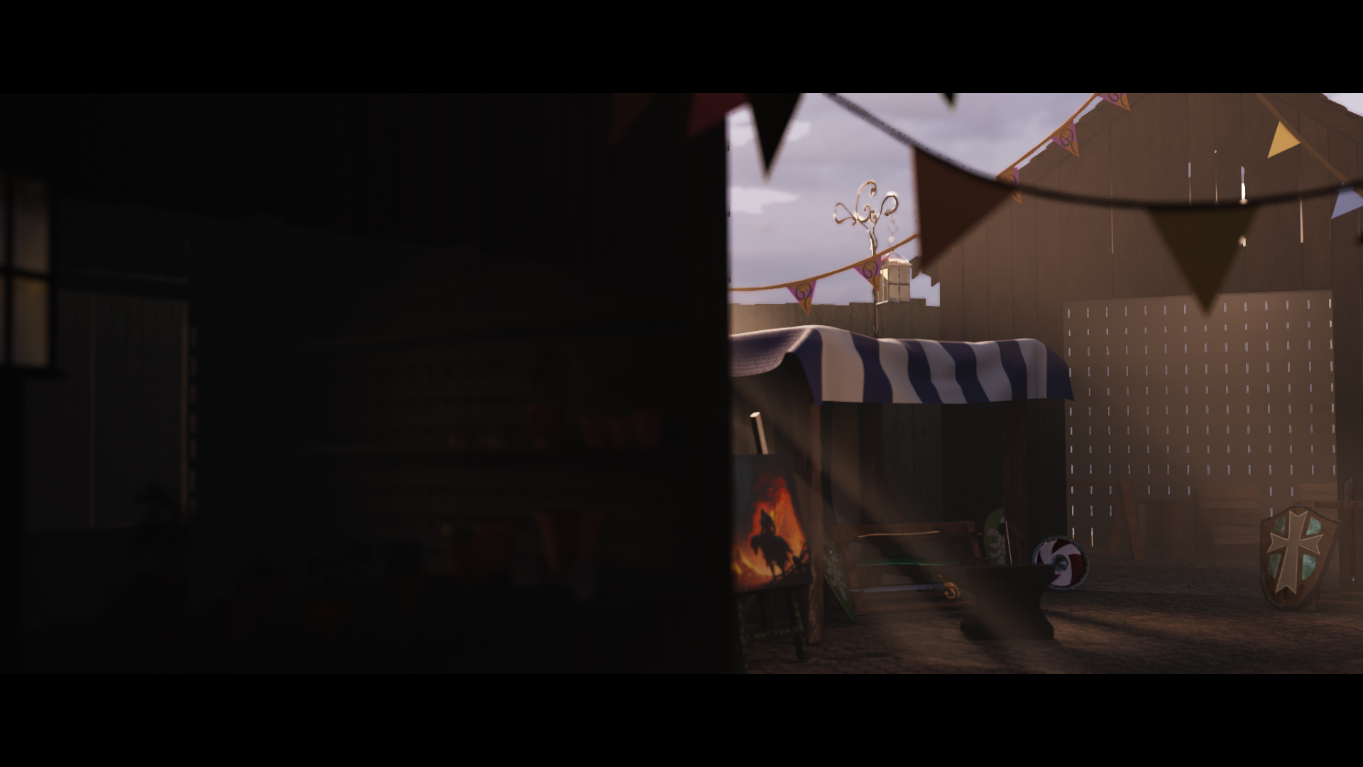 A CG market render showing a fantasy styled medieval market.