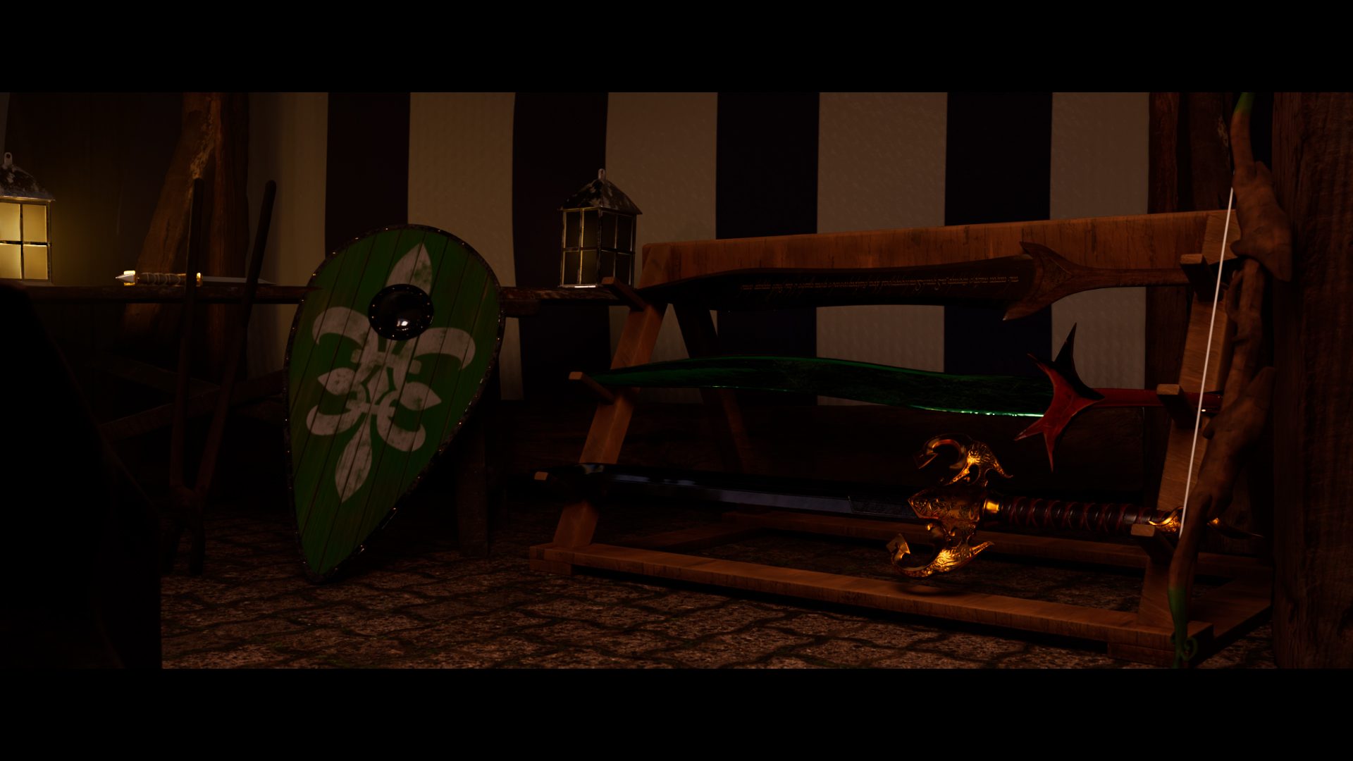 A rendered image of a medieval style market stall selling weapons.