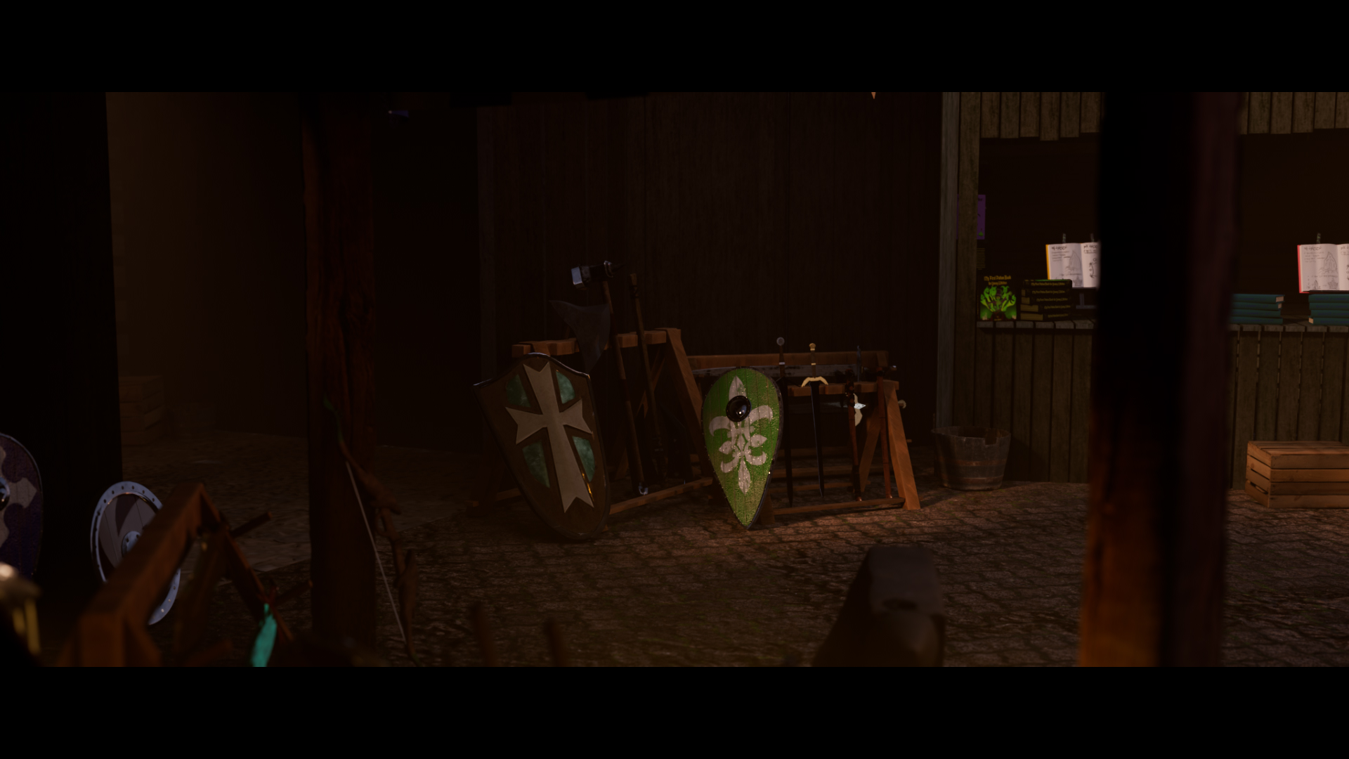 A rendered image of a medieval style market stall focusing on other weapons.