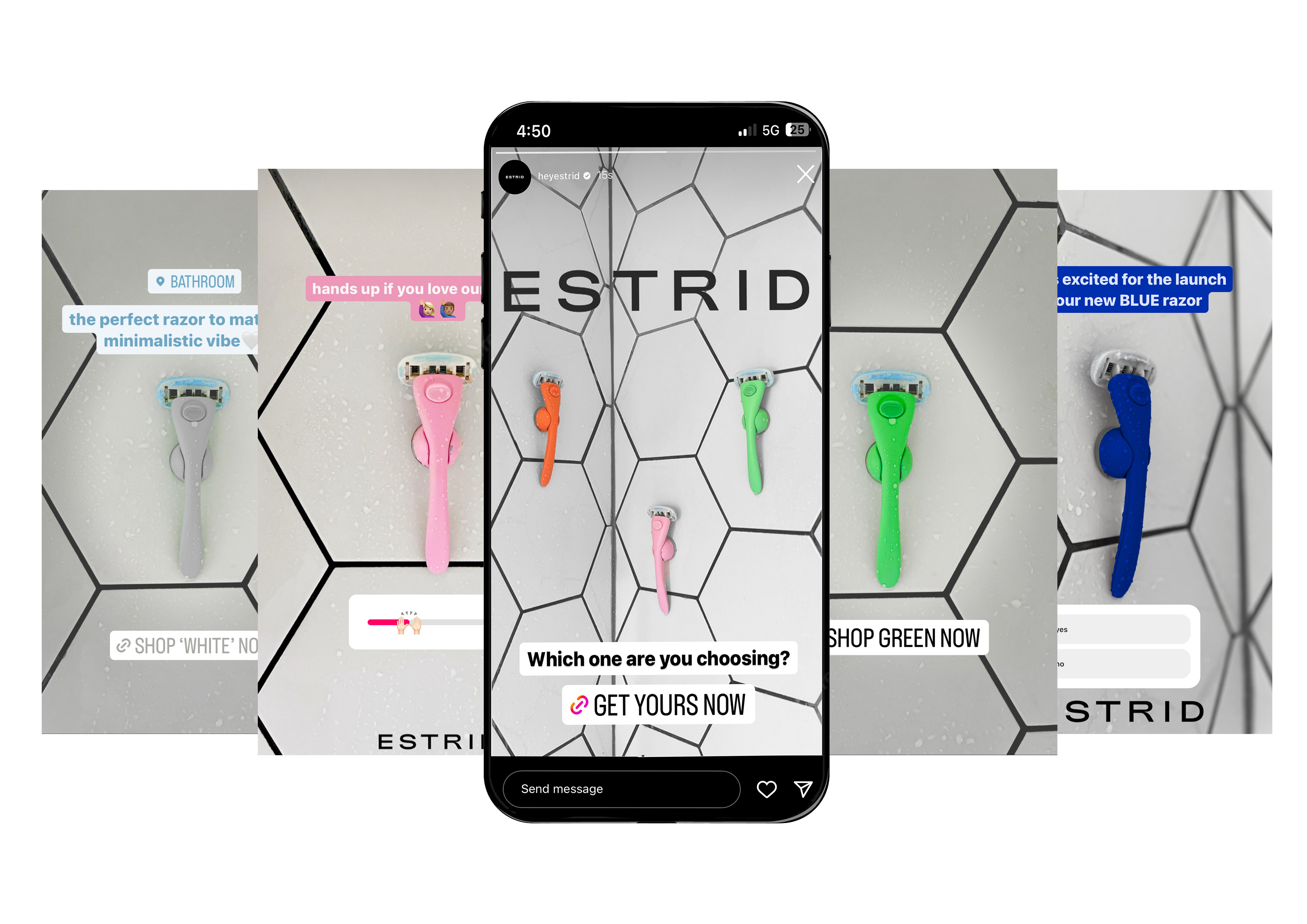 5 Social Media Posts that can be found on @heyestrid to support their For Human Beauty Campaign mocked up onto a phone.