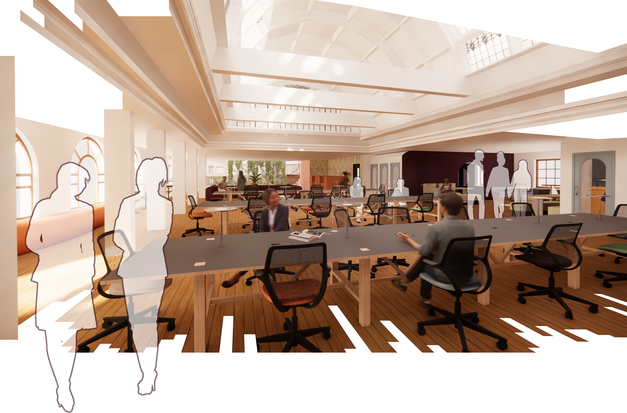 Rendered image depicting an open workspace with a barrel vault ceiling, long tables, colourful desk chairs and silhouette figures working and talking.