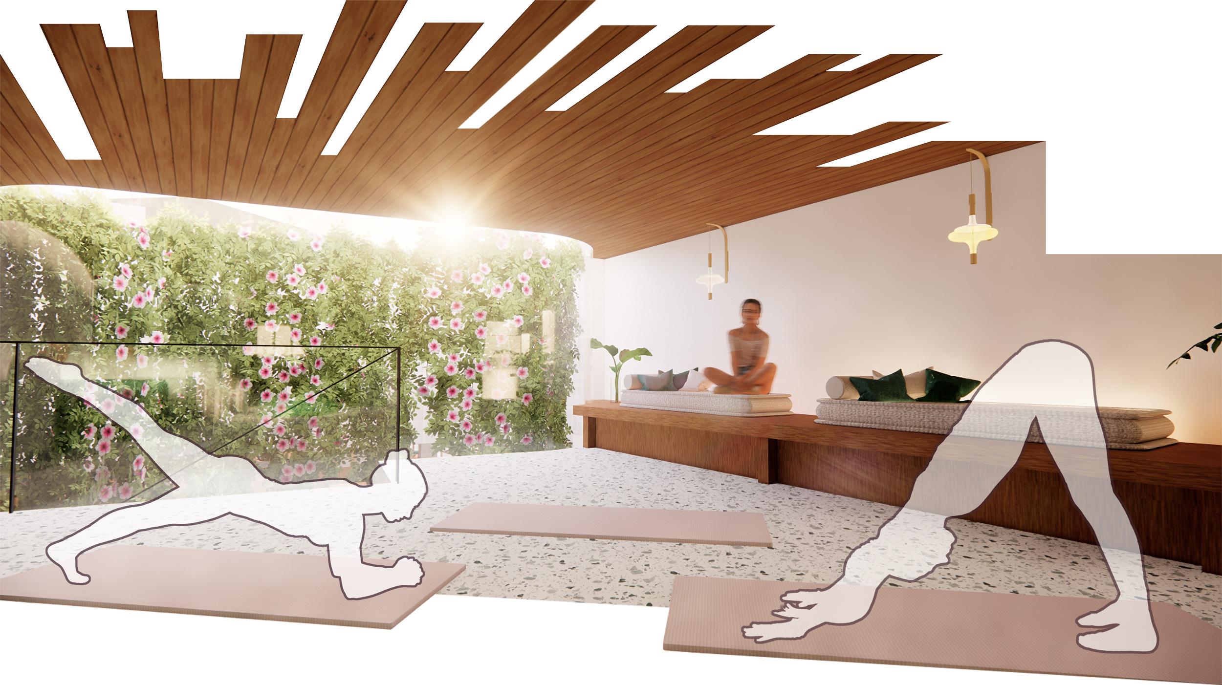 Rendered image depicting figures in various yoga poses and a woman sat cross-legged on a sofa in the background, next to a glass atrium filled with hanging plants.