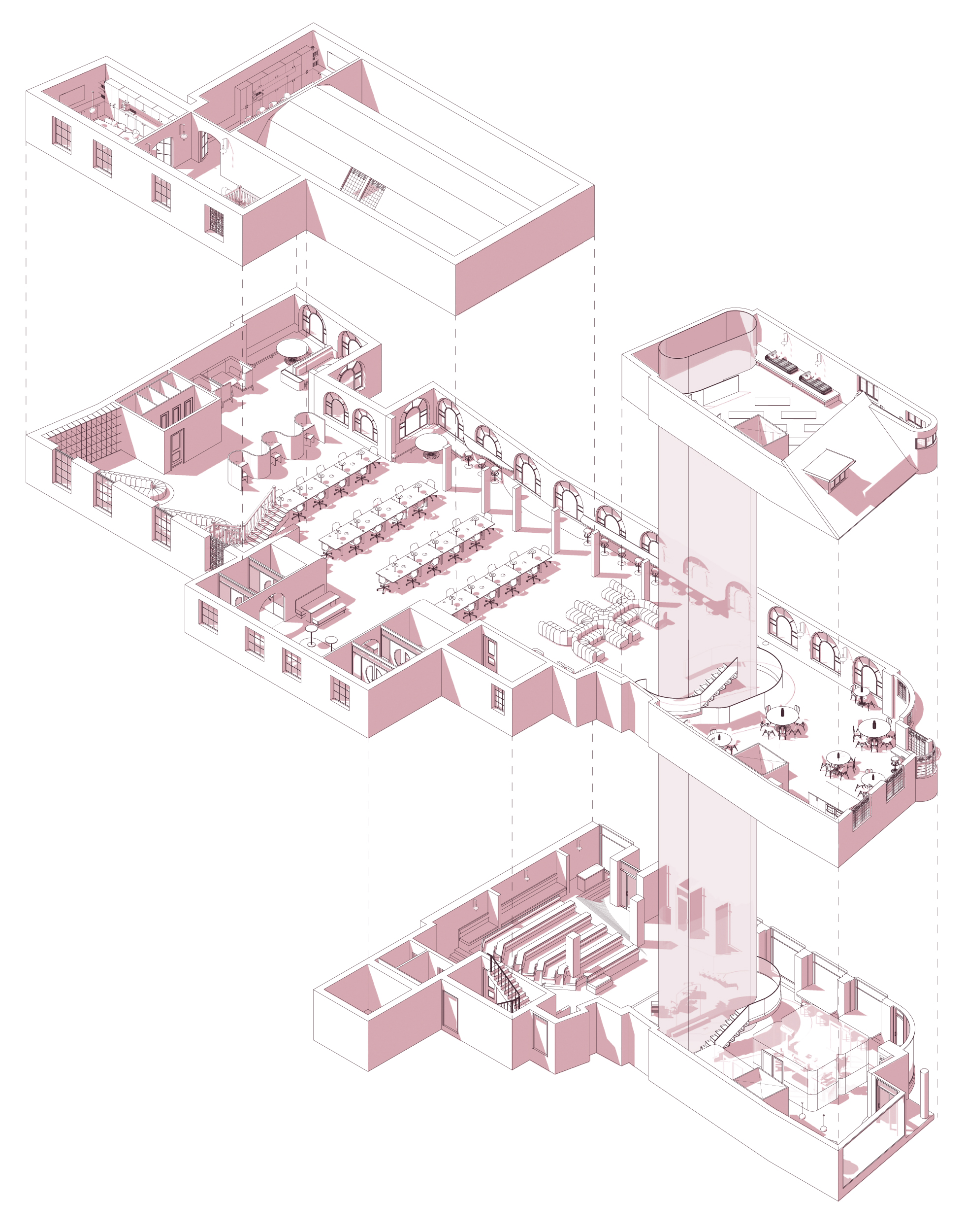 A monochromatic technical drawing depicting the three floors of the design in an exploded axonometric view.