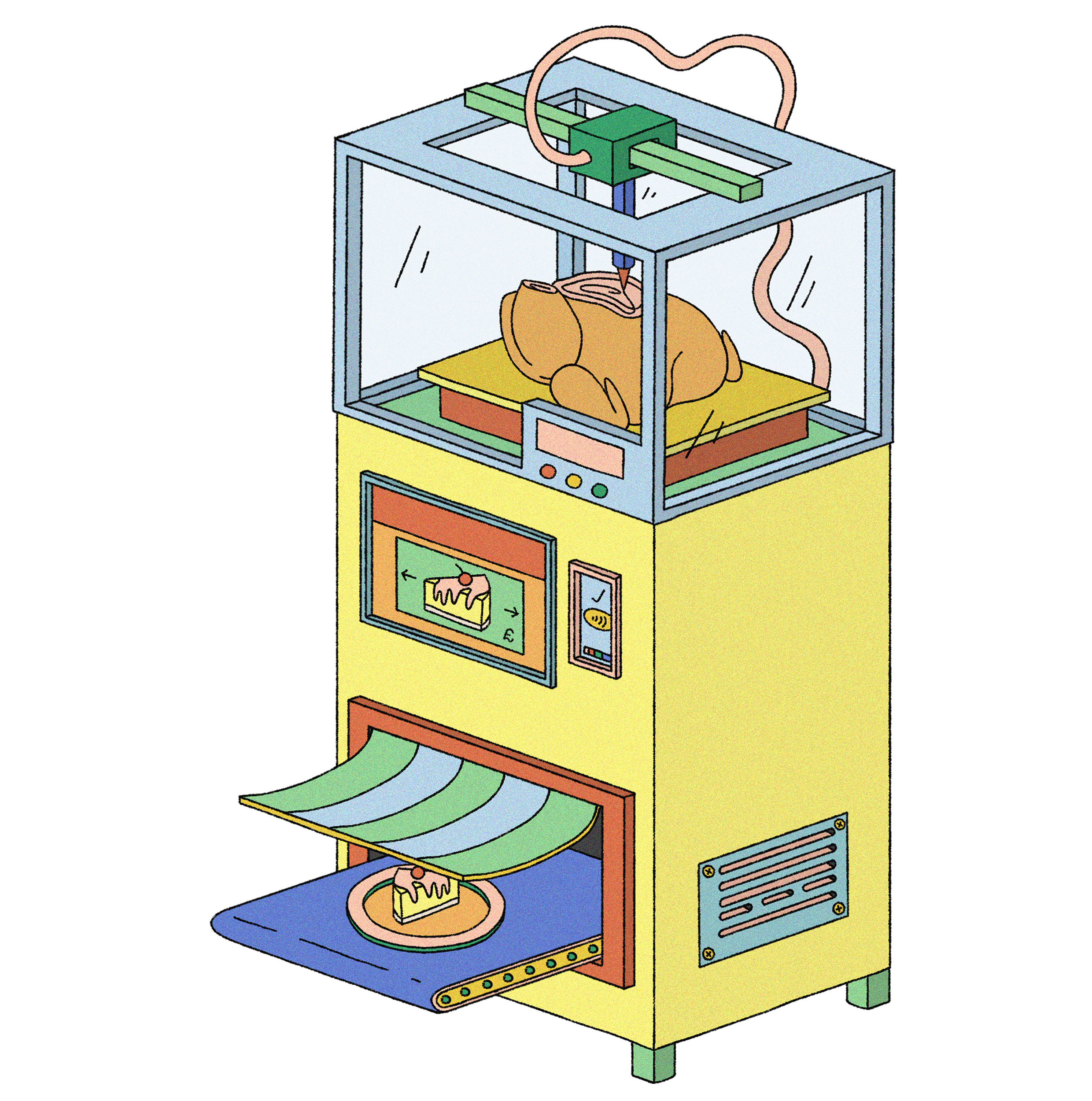 Illustration work by Becca Blake showing a chicken and a cheesecake being 3D printed by a vending machine.