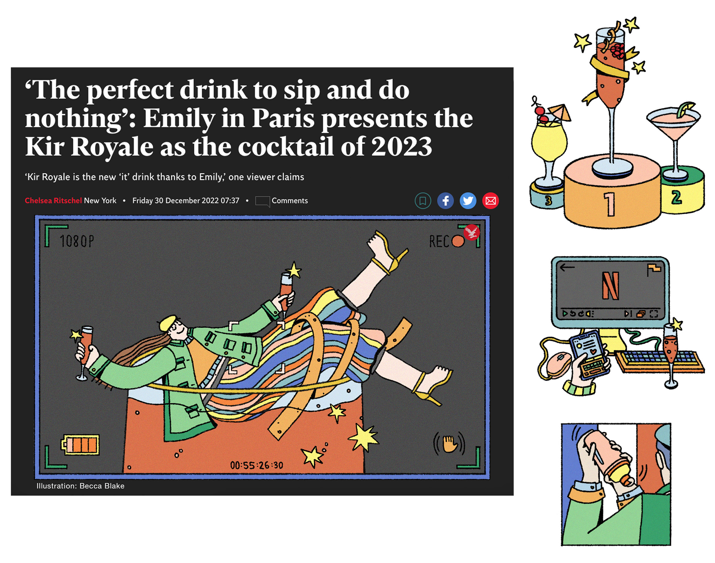 Illustration work by Becca Blake showing a character sat in a large cocktail and spot illustrations on the right.