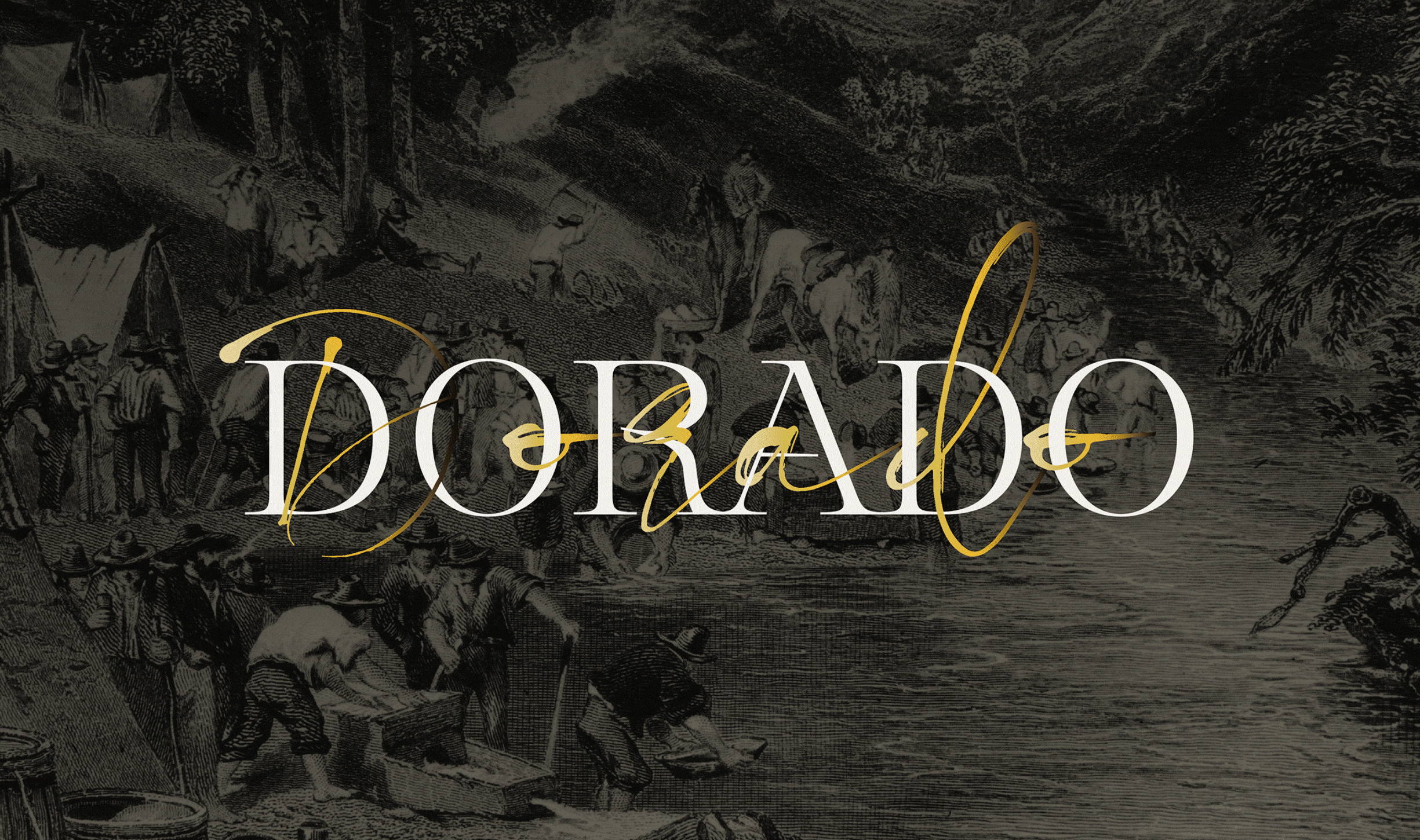 Gif showing various Brand design showing a visual identity for a wine company 'Dorado' based on the american gold rush including packaging, logo and menu.
