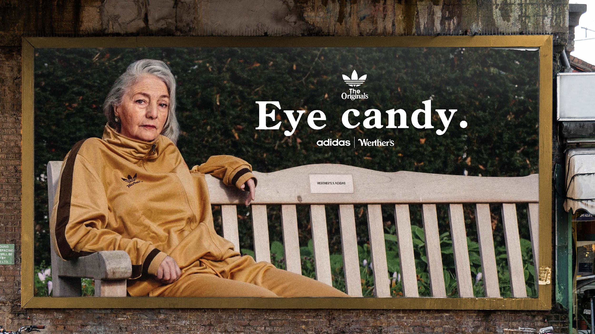 Thumbnail shows a billboard containing an image of an older lady posed on a bench wearing a gold Adidas Originals tracksuit.