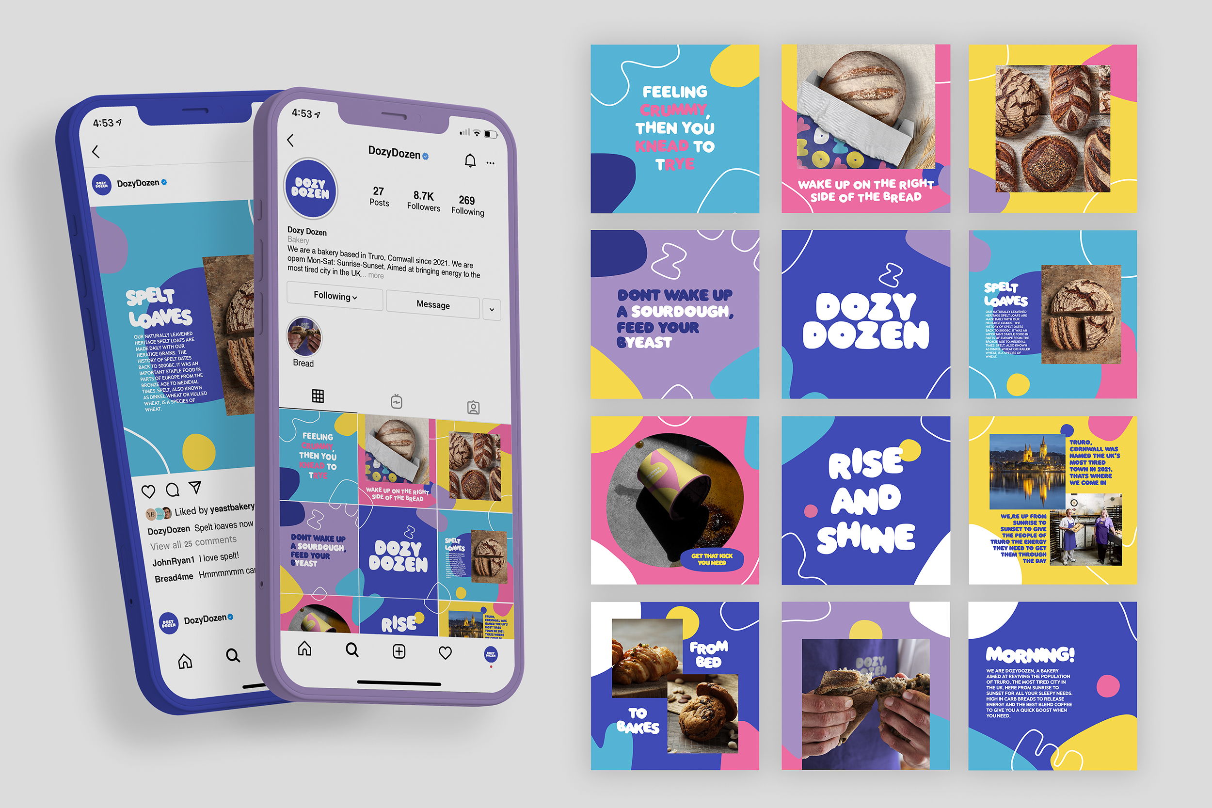 Social media designs by Reece Tennyson-Parsons for a bakery in Truro aimed at helping fight tiredness. Social media mocked up onto a phone, posts are colourful with rounded shapes, images and white text.