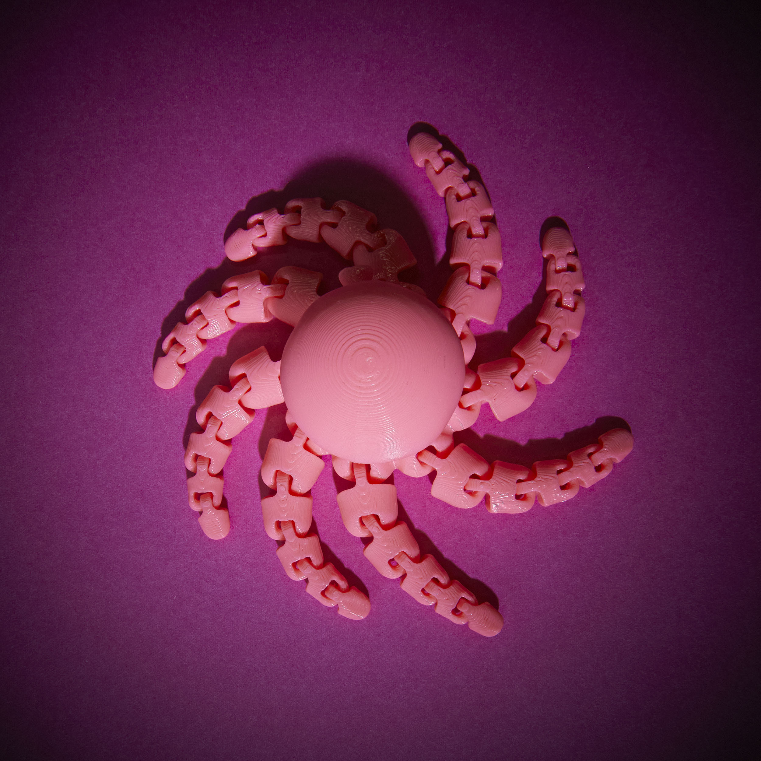 Photograph by Rhianna Cleaveley showing a 3-D printed pink octopus from above on a darker pink background.