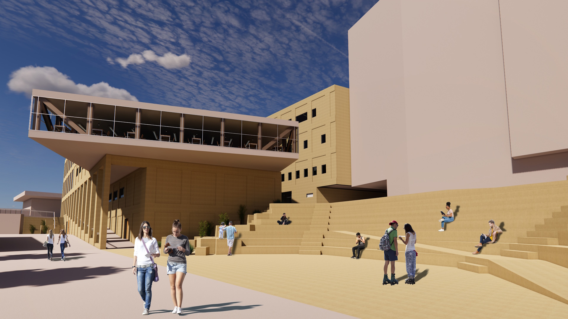 A rendered image of A sandstone amphitheatre with the building in the background.