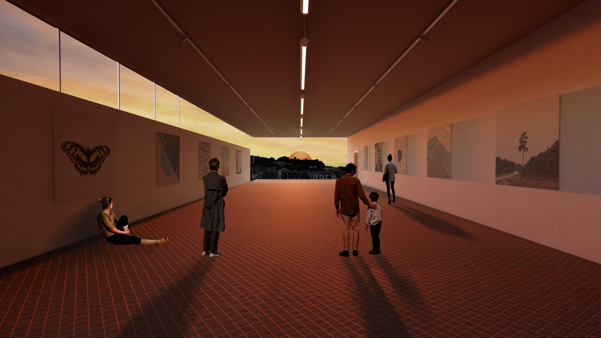A rendered image of several people standing in an art gallery, with the rising sun shining through the window at the far end.