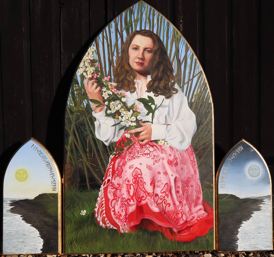 Oil painting of a female figure holding an ornate branch of flowers crouched in grass in front of a willow tree and extended scene in a central panel, with two accompanying panels showing mirrored sea scapes.