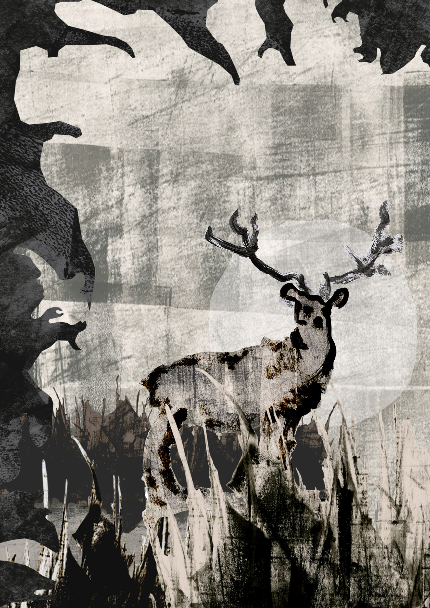 'The Secret History' book illustration by Simon Maskell, showing a single page spread of a deer discovered in the dark at night, outlined by the moon.