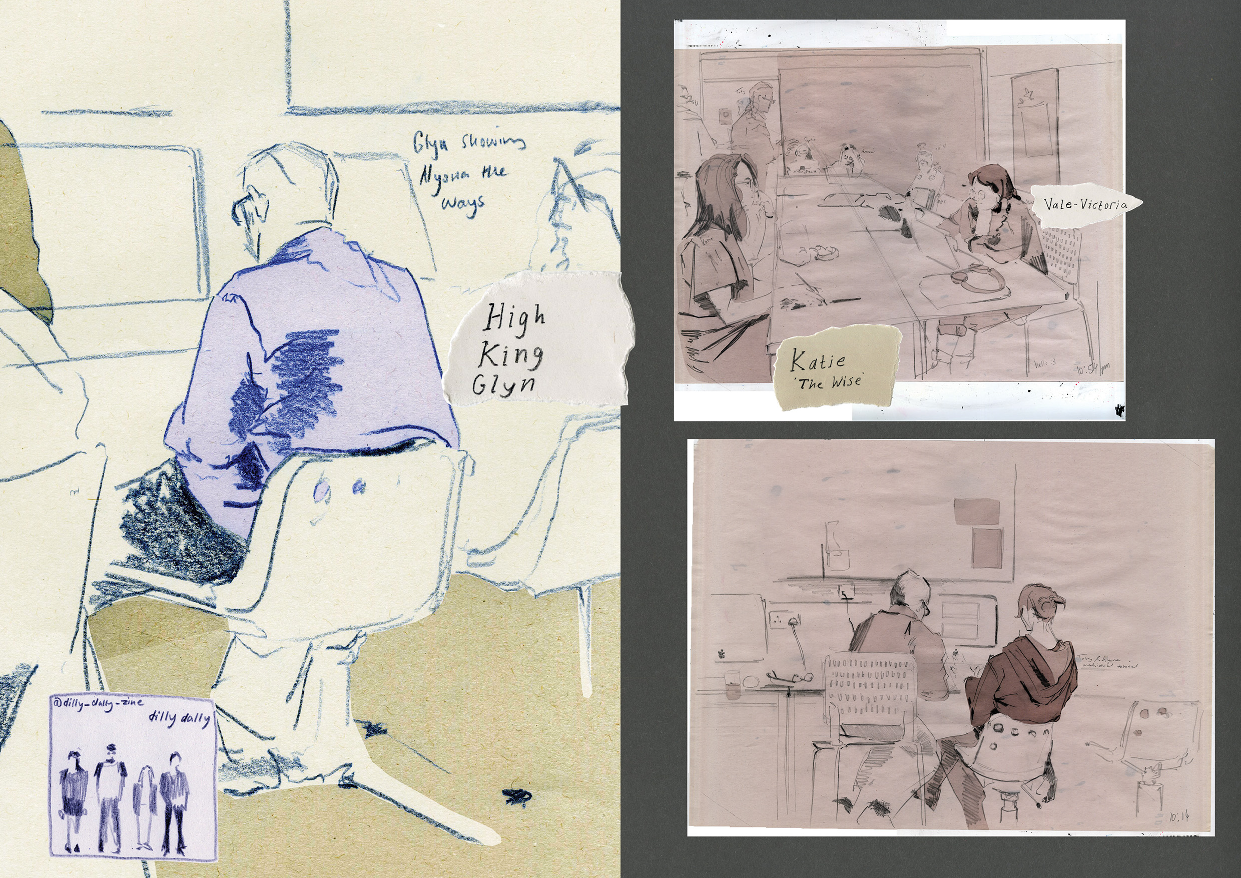 'PLAYHOUSE? PAINHOUSE' zine double page spread by Simon Maskell, showing observational drawings of students and tutors in a studio.