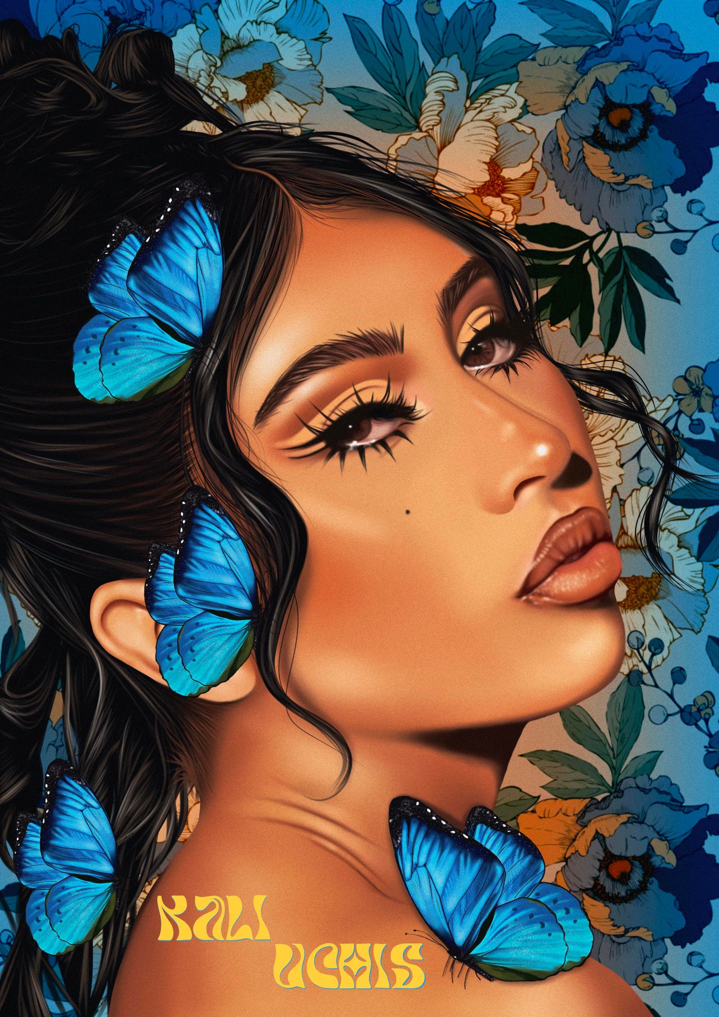 Digital portrait poster of singer Kali Uchis. Blue butterflies, yellow text with the singer's name in the foreground and flowers in the background.