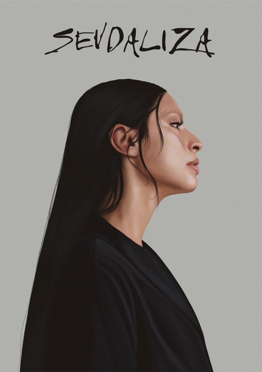 A poster by Sofie Grint of the singer Sevdaliza. The portrait of the artist from the side profile with their name on top in the middle with a unique font in black over a grey background.
