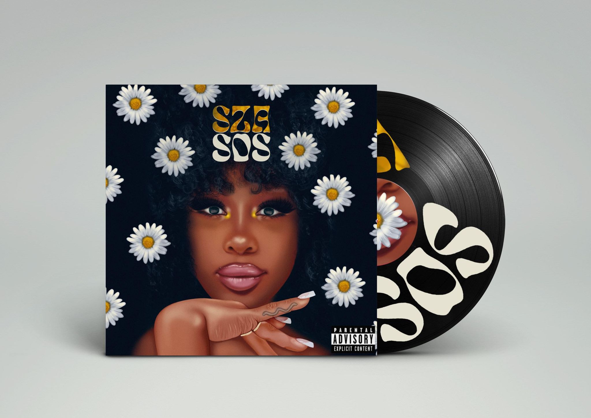 A Record Vinyl design by Sofie Grint. Portraying a close up portrait of the singer SZA with daises in her hair.