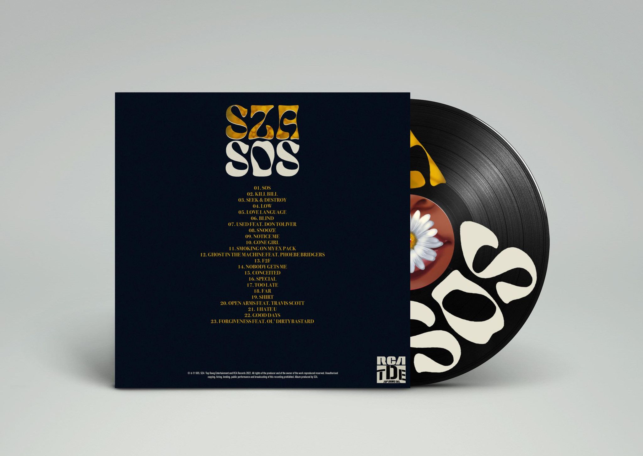 A Record Vinyl design by Sofie Grint. For the album SOS by SZA. Black and golden yellow design with text showcasing the songs in the record. The Record on the right of the album sleeve.