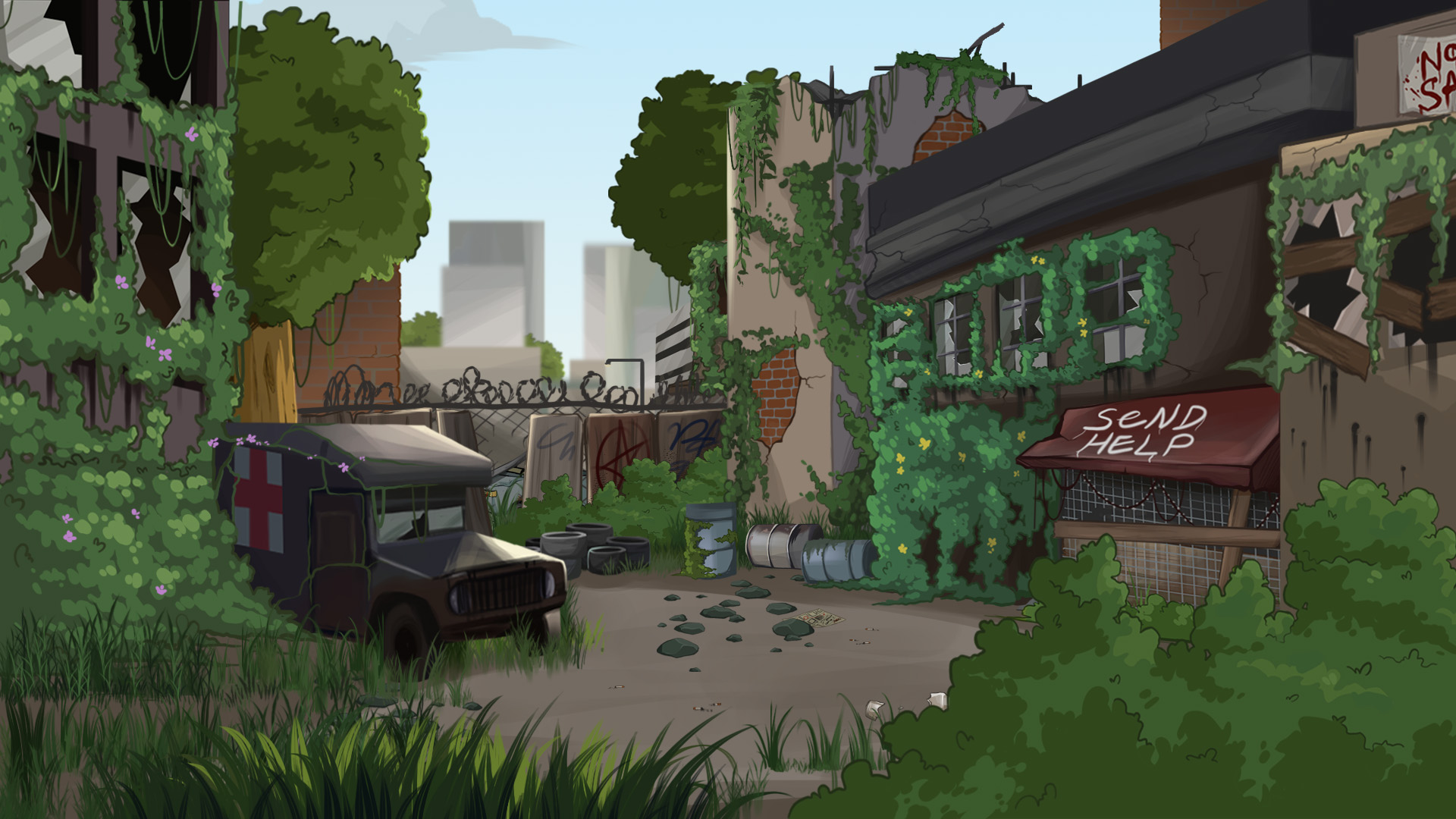 A detailed background by Sophie Gates showing an abandoned city with lots of overgrown plants.