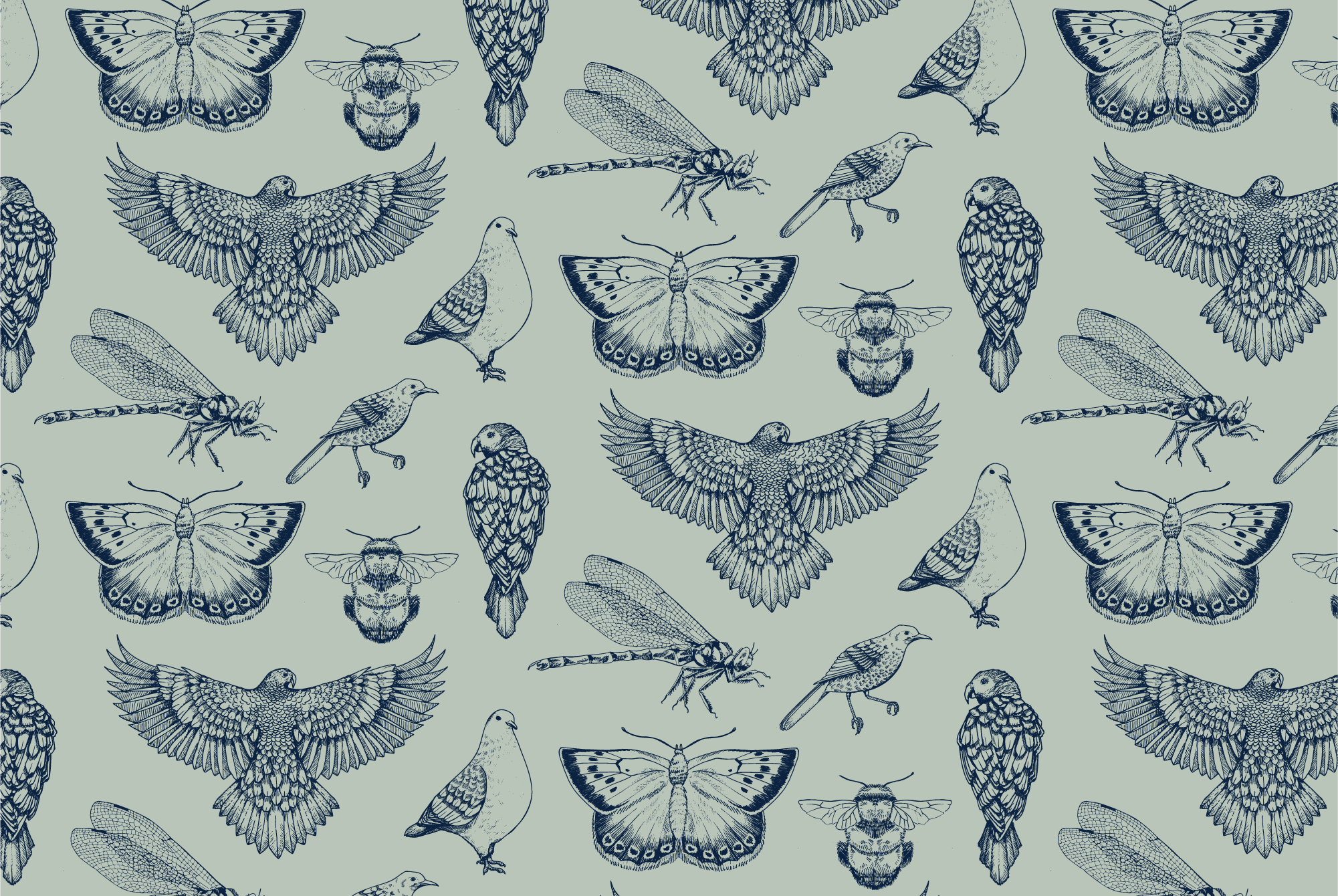 Pattern design by Sophie Leven of seven endangered bird and insect species. Digital illustrations consist of dark blue linework on a sage green background.