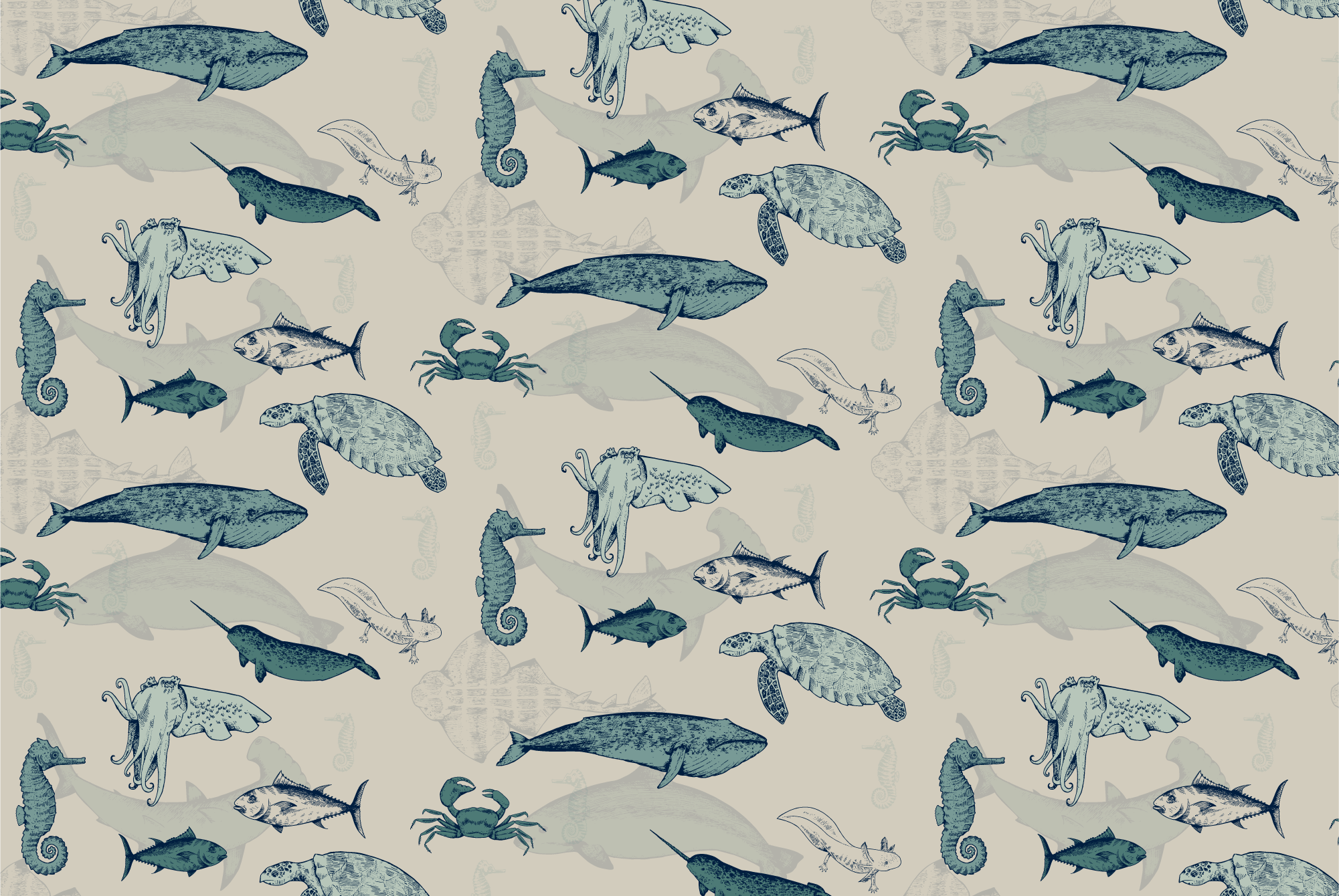 Pattern design by Sophie Leven of eleven endangered sea animal species. Digital illustrations consist of dark blue linework combined with a spectrum of blue block colour, on a beige background.