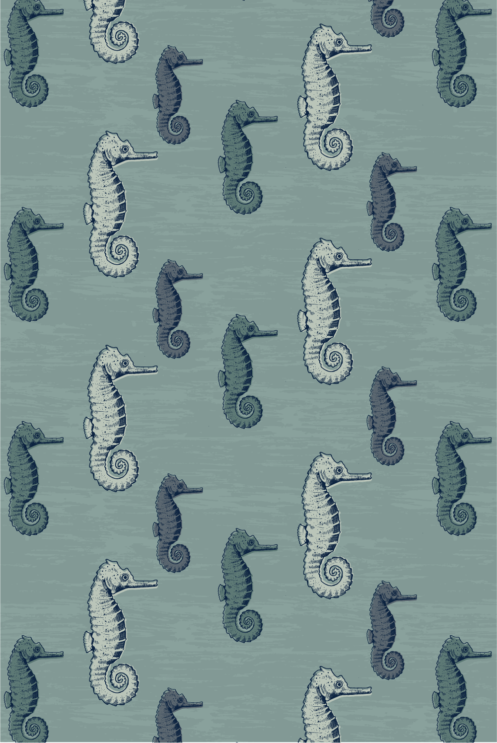 Pattern design by Sophie Leven of an endangered seahorse species. Digital illustrations consist of dark blue linework coloured with a spectrum of blues and teals, on a textural blue background.