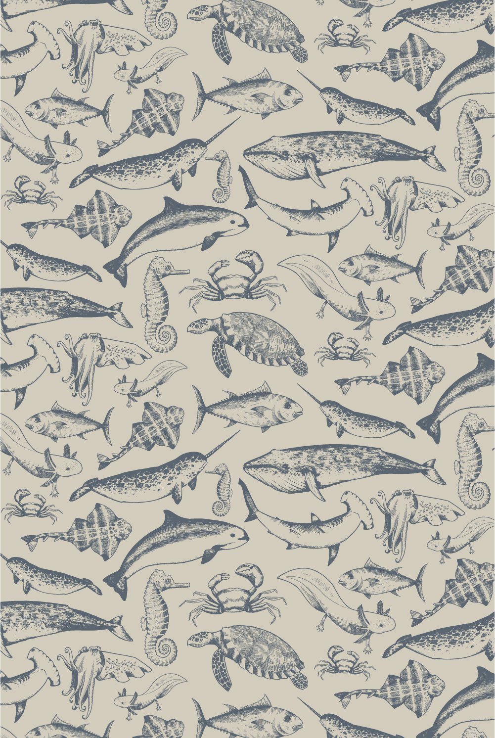 Pattern design by Sophie Leven of eleven endangered sea animal species. Digital illustrations consist of charcoal blue linework on a beige background.