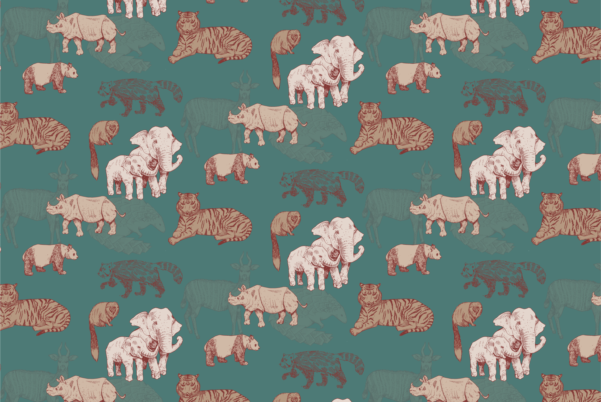 Pattern design by Sophie Leven of eight endangered mammal species. Digital illustrations consist of deep red linework coloured with a spectrum of beiges, on a teal background.