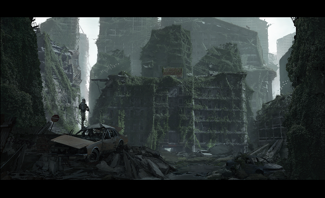 Digital illustration of a soldier looking at the overgrown ruins of an abandoned business park