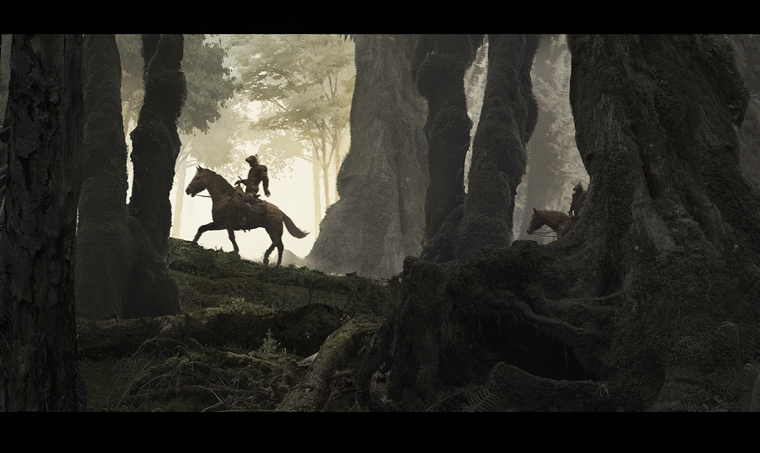A digital illustration of two silhouetted soldiers riding through a forest