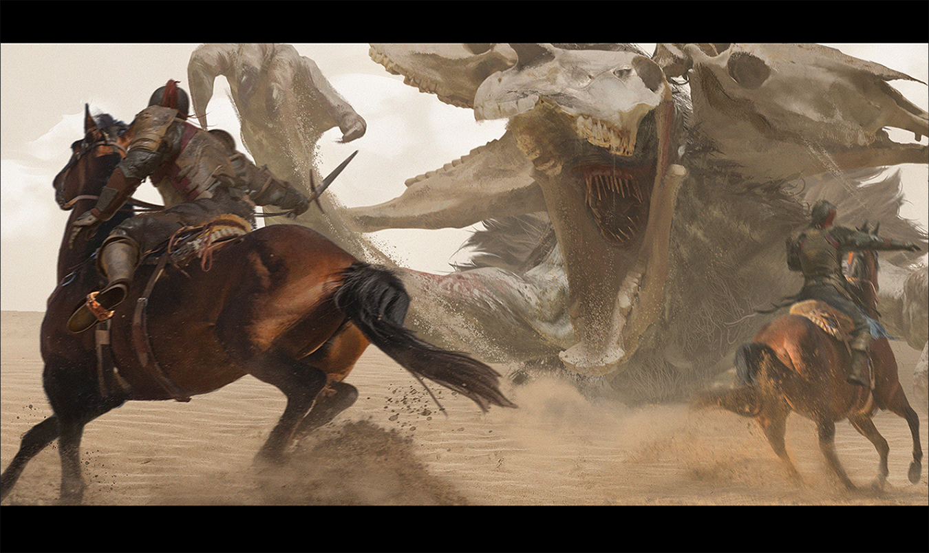 Digital illustration of two soldiers on horseback battling a monster in the sand