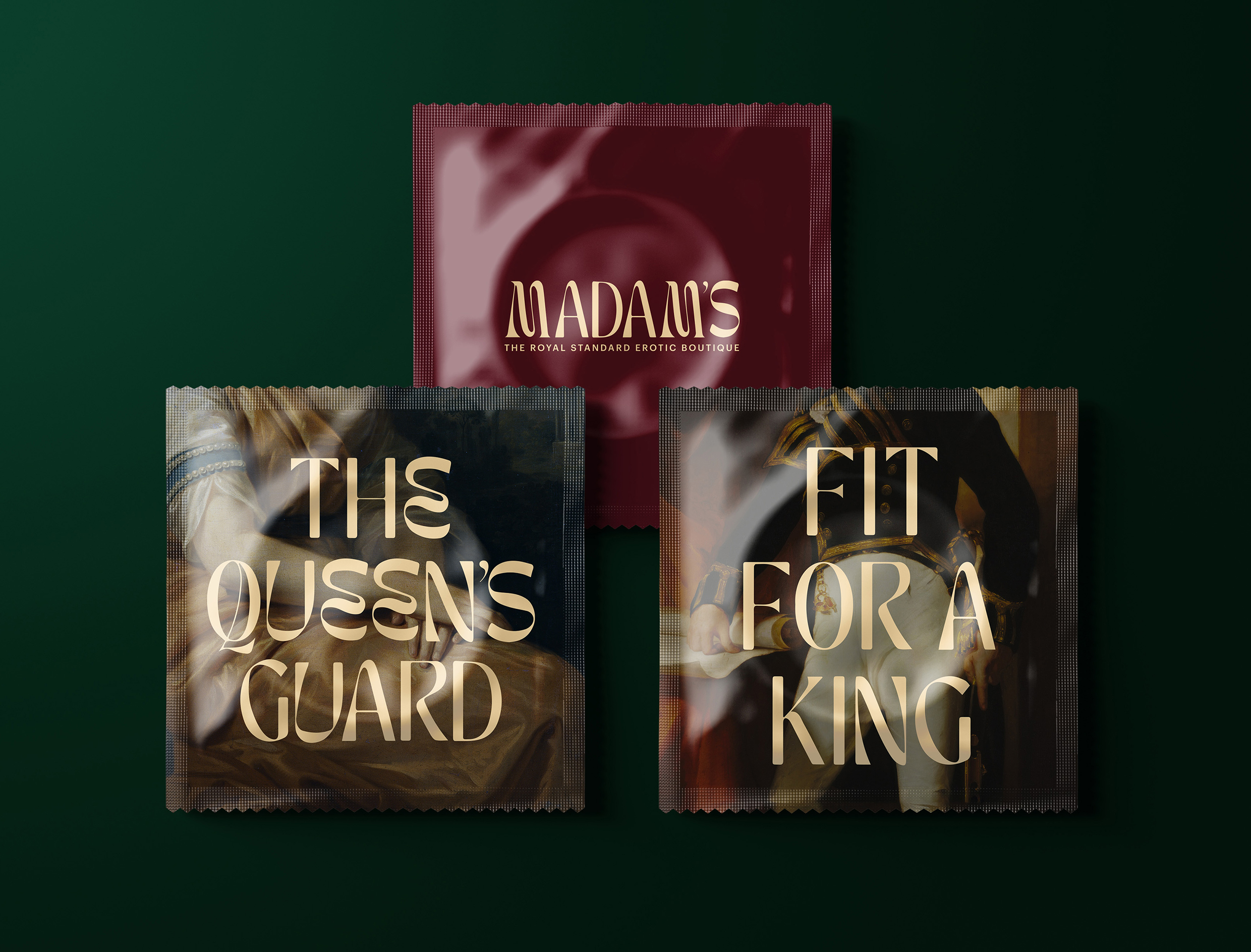Condoms for the brand Madam's showing royal portrait and cheeky copywriting 'The Queens Guard' and 'Fit for a King'