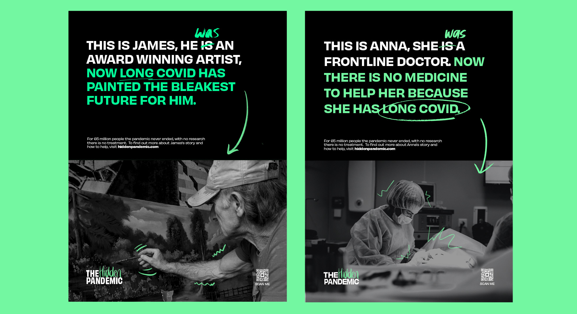 Explainer video for the Hidden Pandemic Campaign by Sophie Porter. Thumbnail shows two informative posters with black and white images and white and green text at the top.