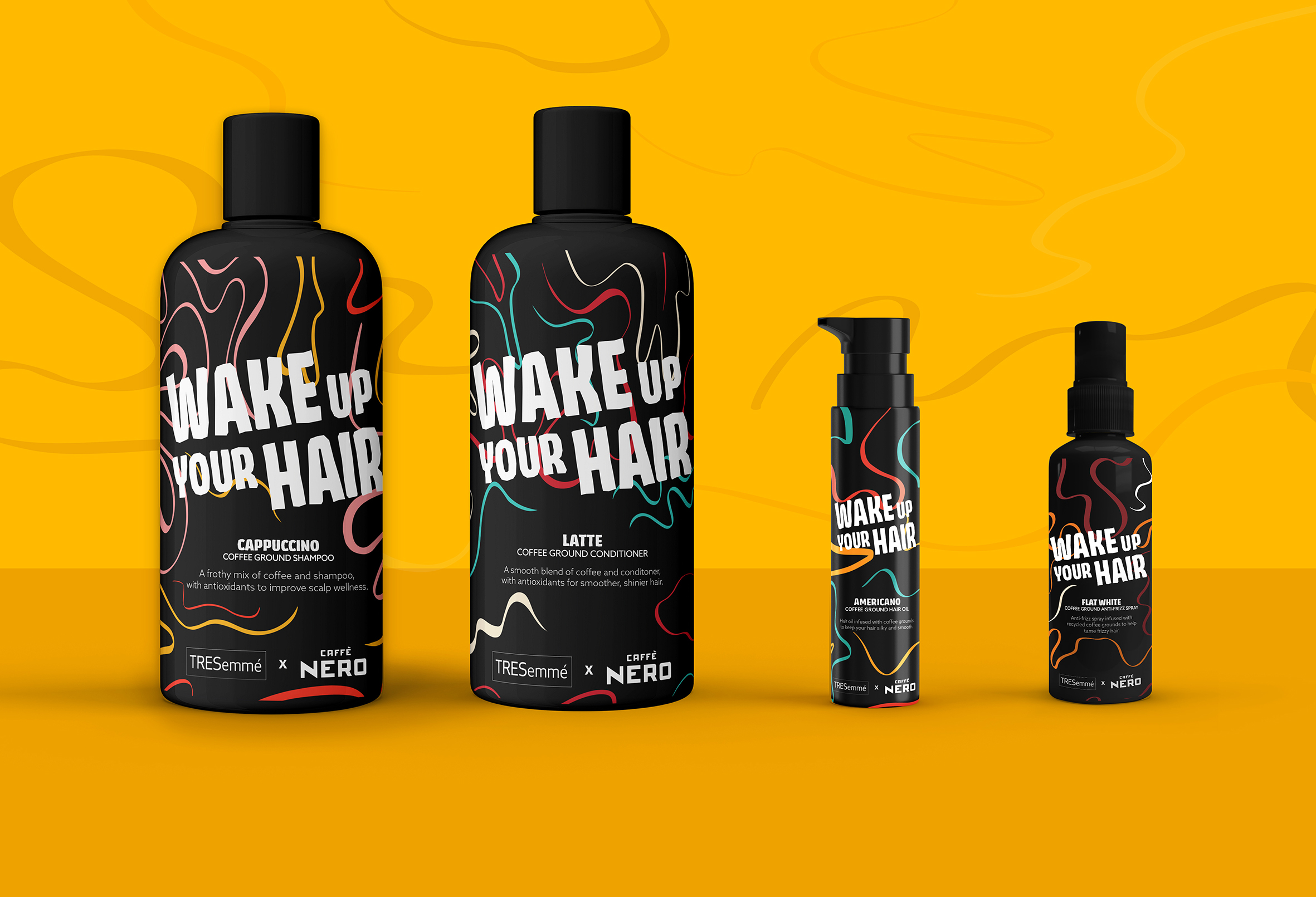 Vibrant bottle designs for the brand Wake Up Your Hair, a collaboration between Caffe Nero and Tresemme, on yellow background.