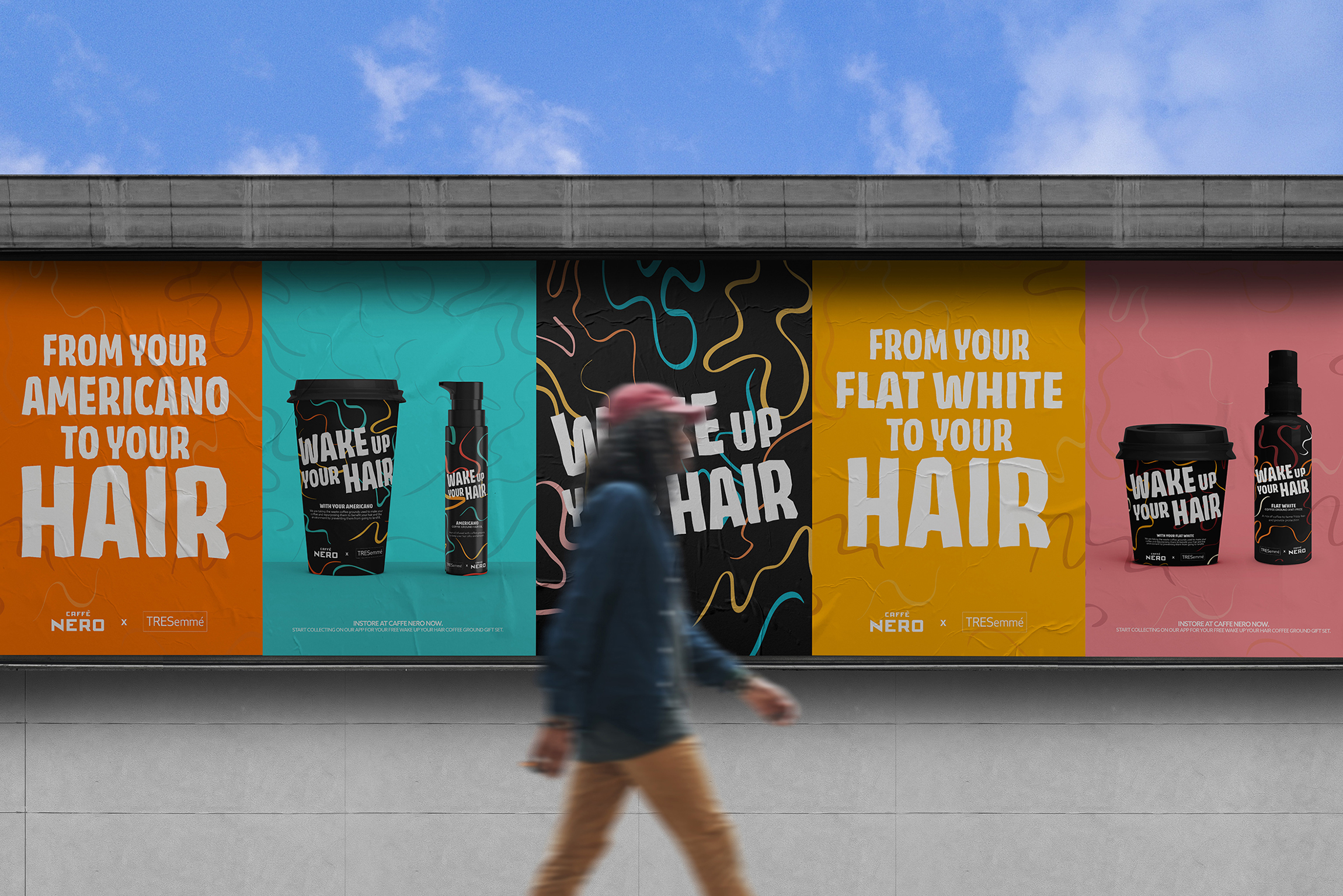 Vibrant wall advertisements that tell the story of the Wake Up Your Hair brand.