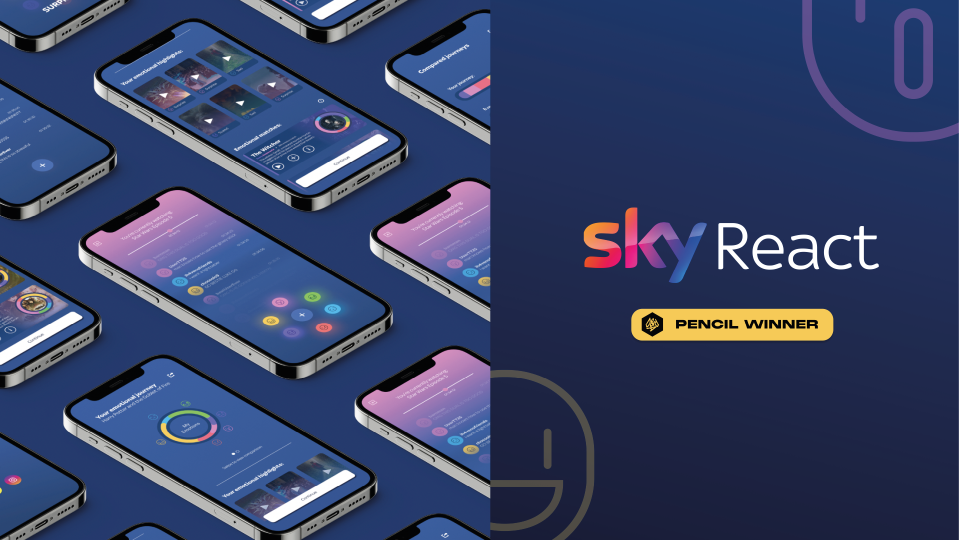 Sky react banner with design mocked up onto phones on the left and logo on the right.