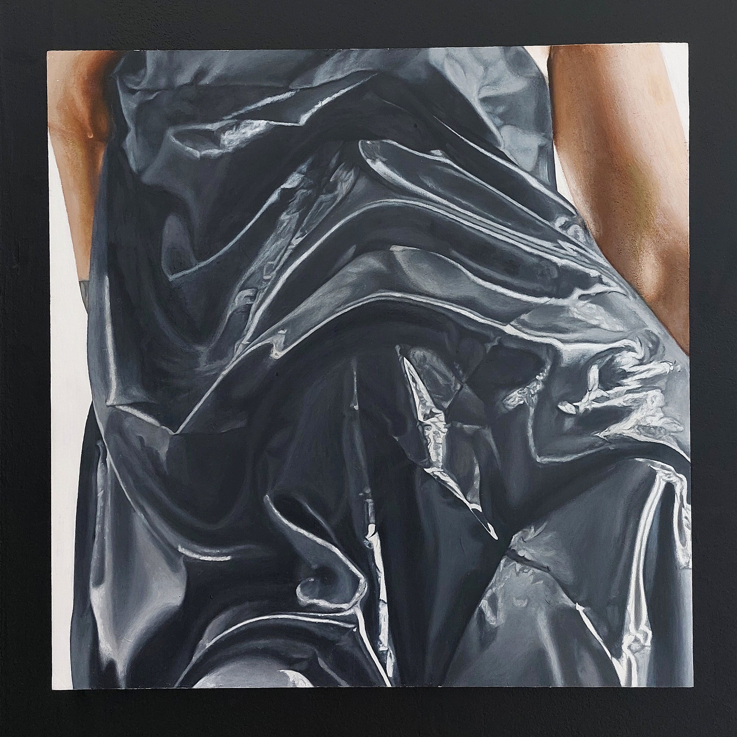 Acrylic painting showing black silk draped over a body.