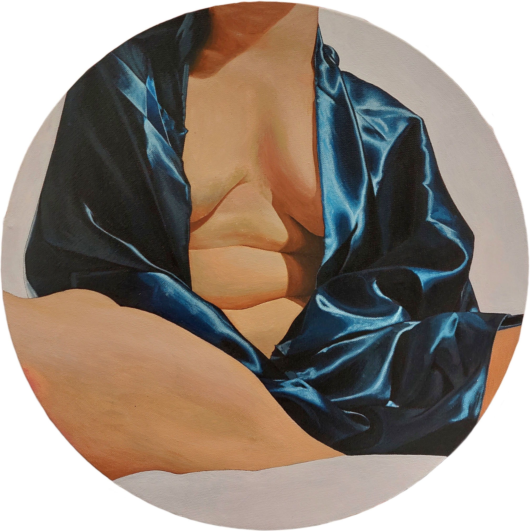 Acrylic painting showing blue silk draped over a body.