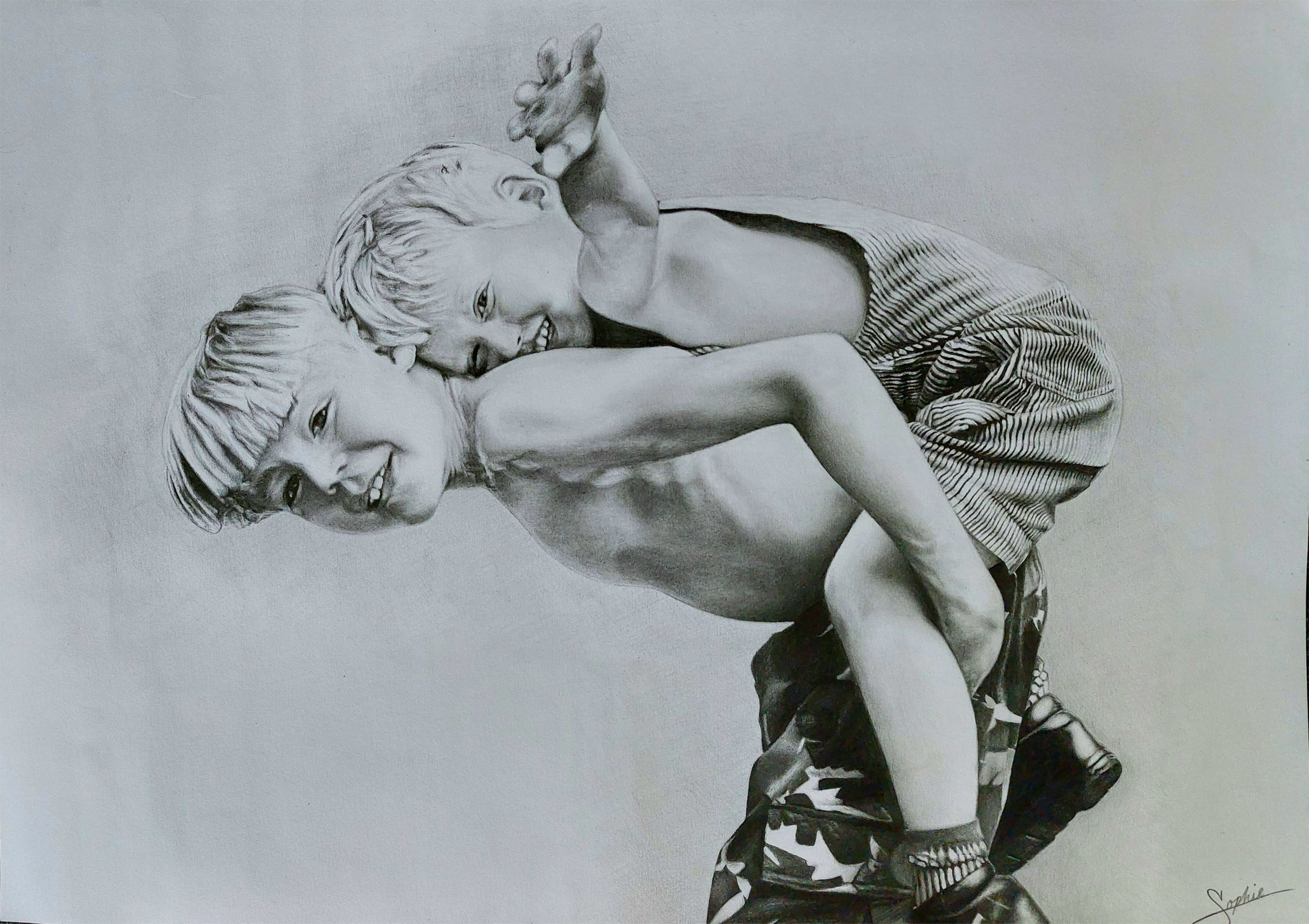 A pencil drawing showing 2 boys, one on the others back.